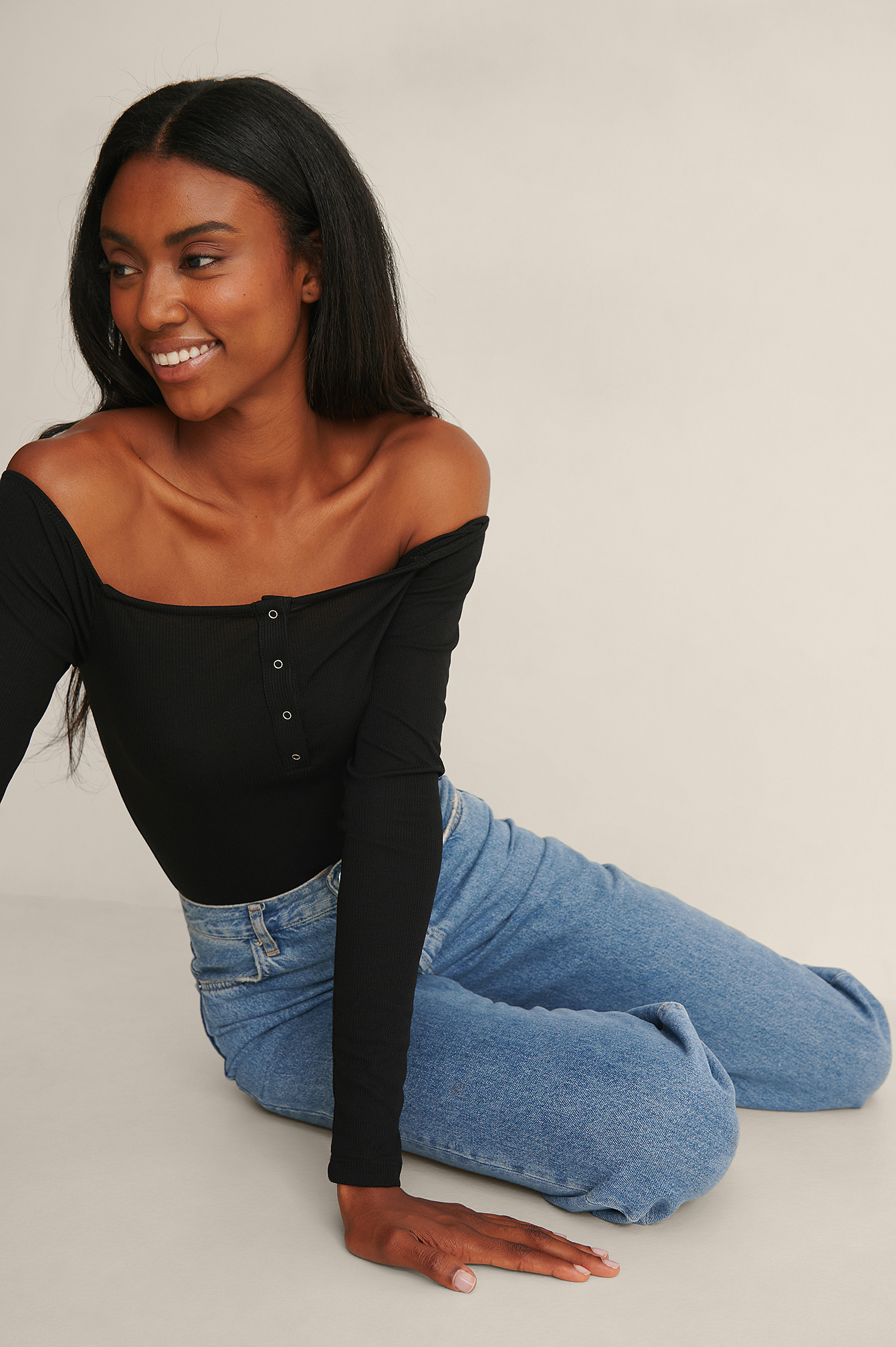 Black Recycled Off Shoulder Button Top