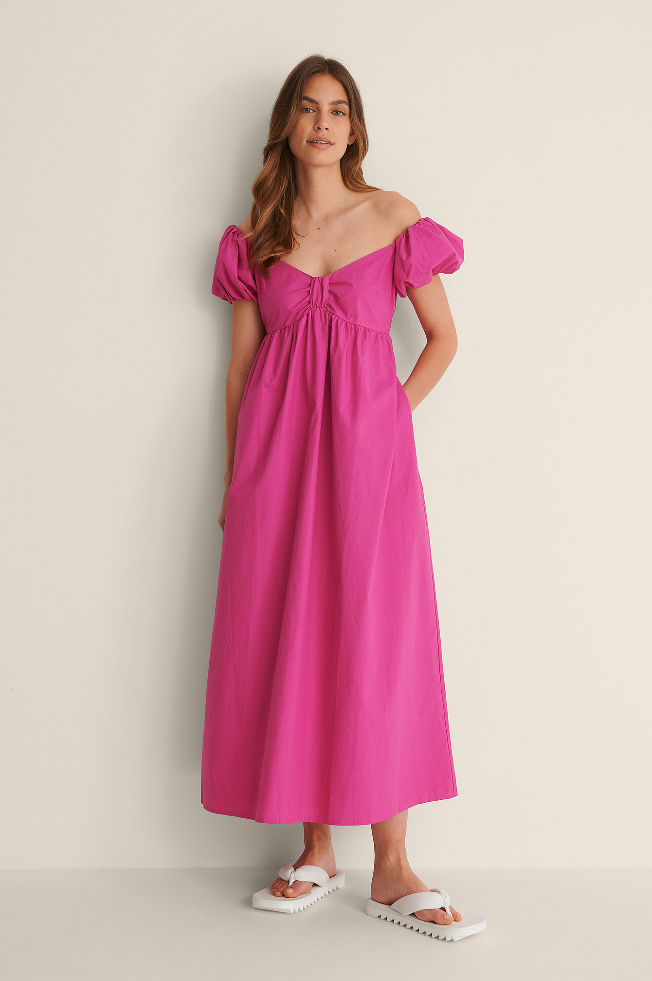 Bright Pink Organic Off Shoulder Midi Cotton Dress