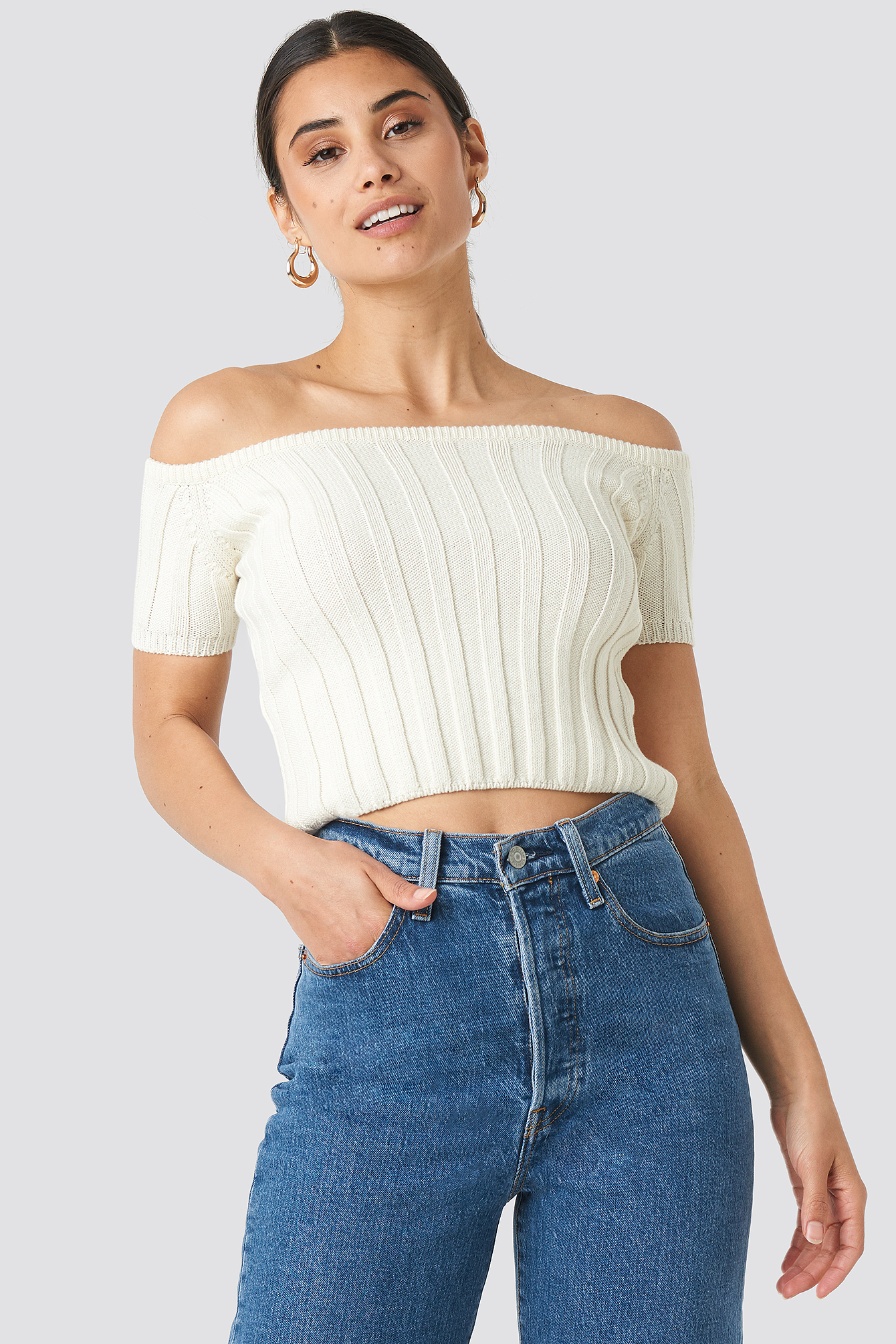 Offwhite Off Shoulder Ribbed Knitted Top