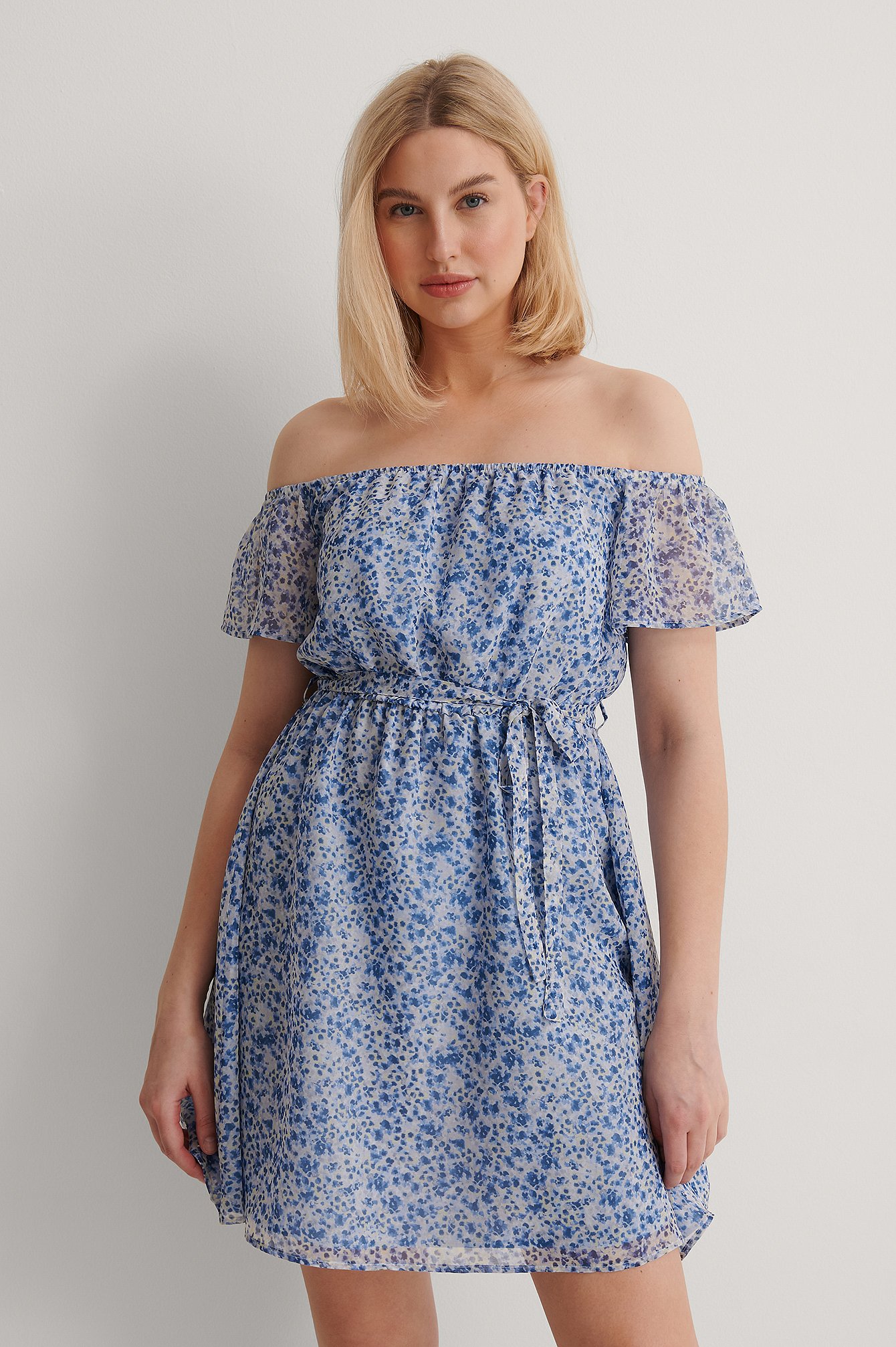 Blue Flower Print Recyled Off Shoulder Sheer Mini Dress