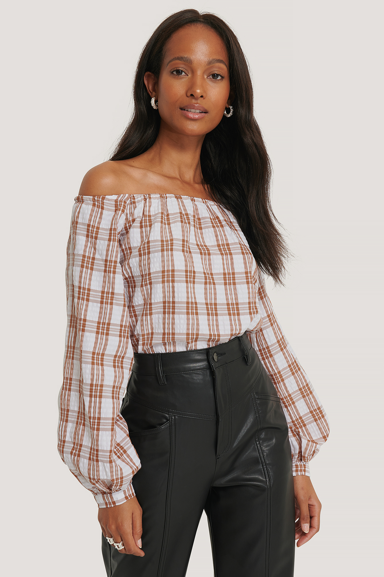 Pink/White Off Shoulder Structure Check Blouse