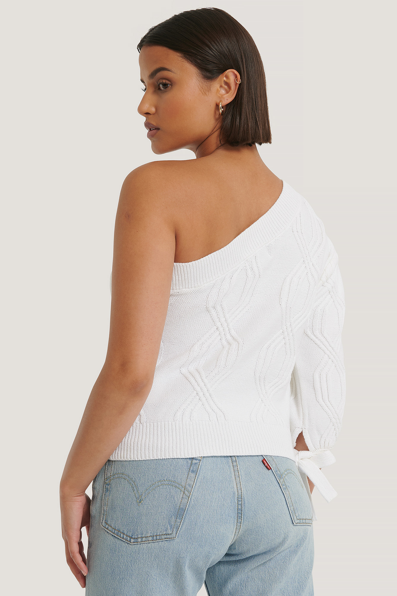 White One Shoulder Cable Knit Sweater