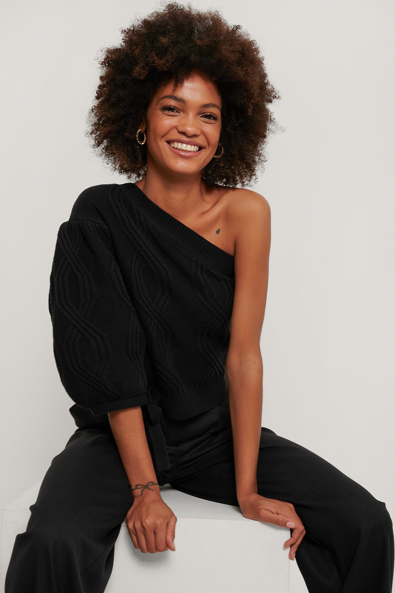 Black One Shoulder Cable Knit Sweater