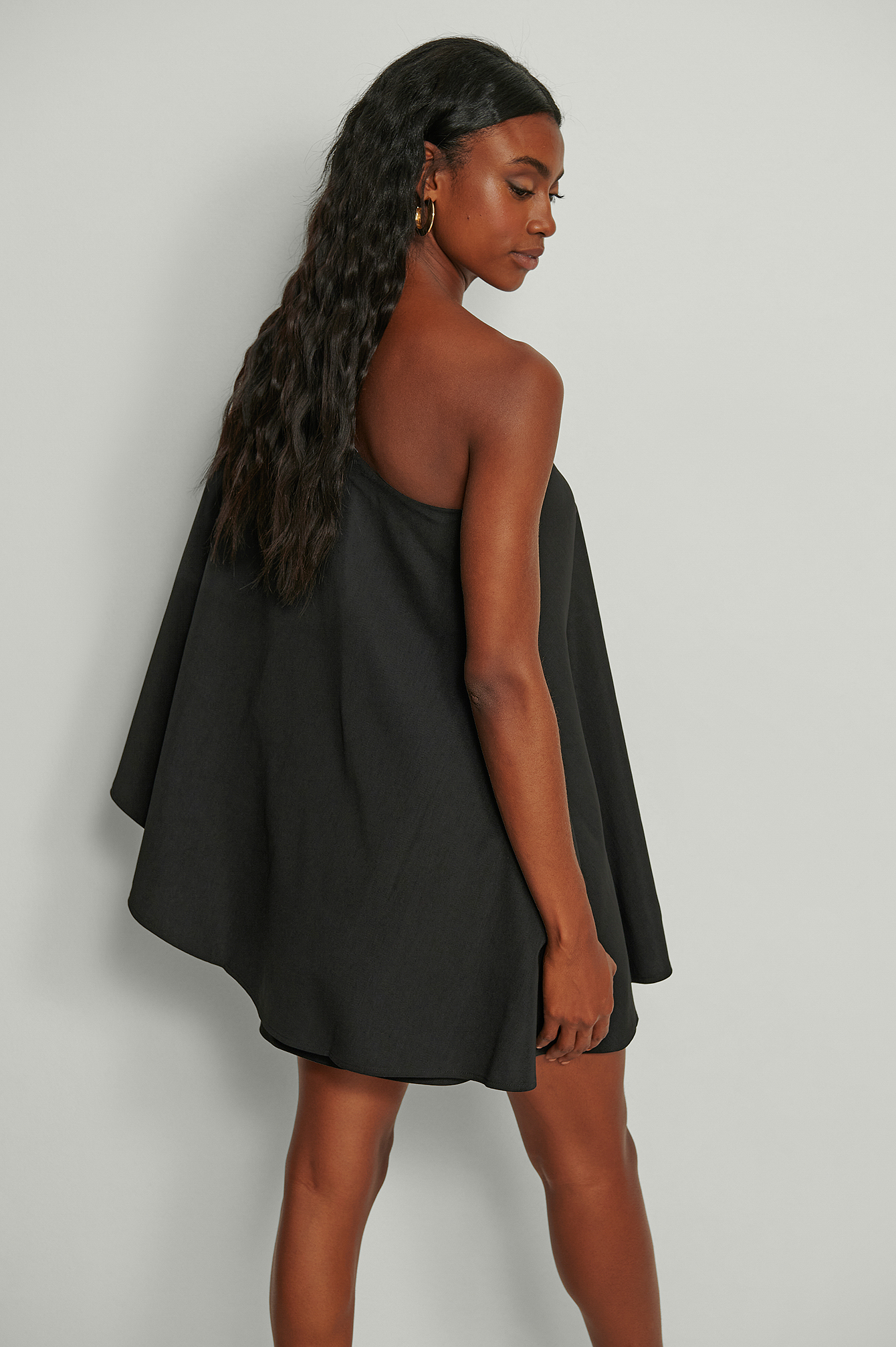 Black One Shoulder Flowy Mini Dress