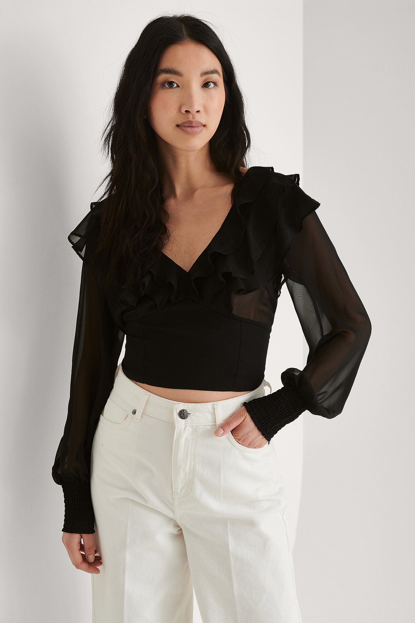 Solid Black Recycled Open Back Frill Blouse