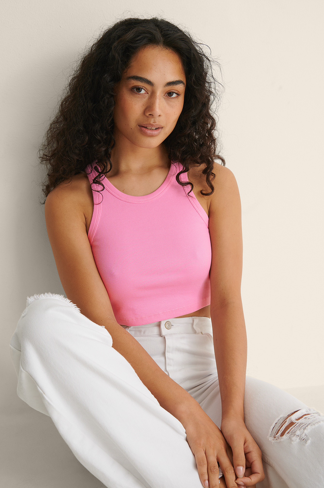 Bright Pink Ribbed Cropped Tank