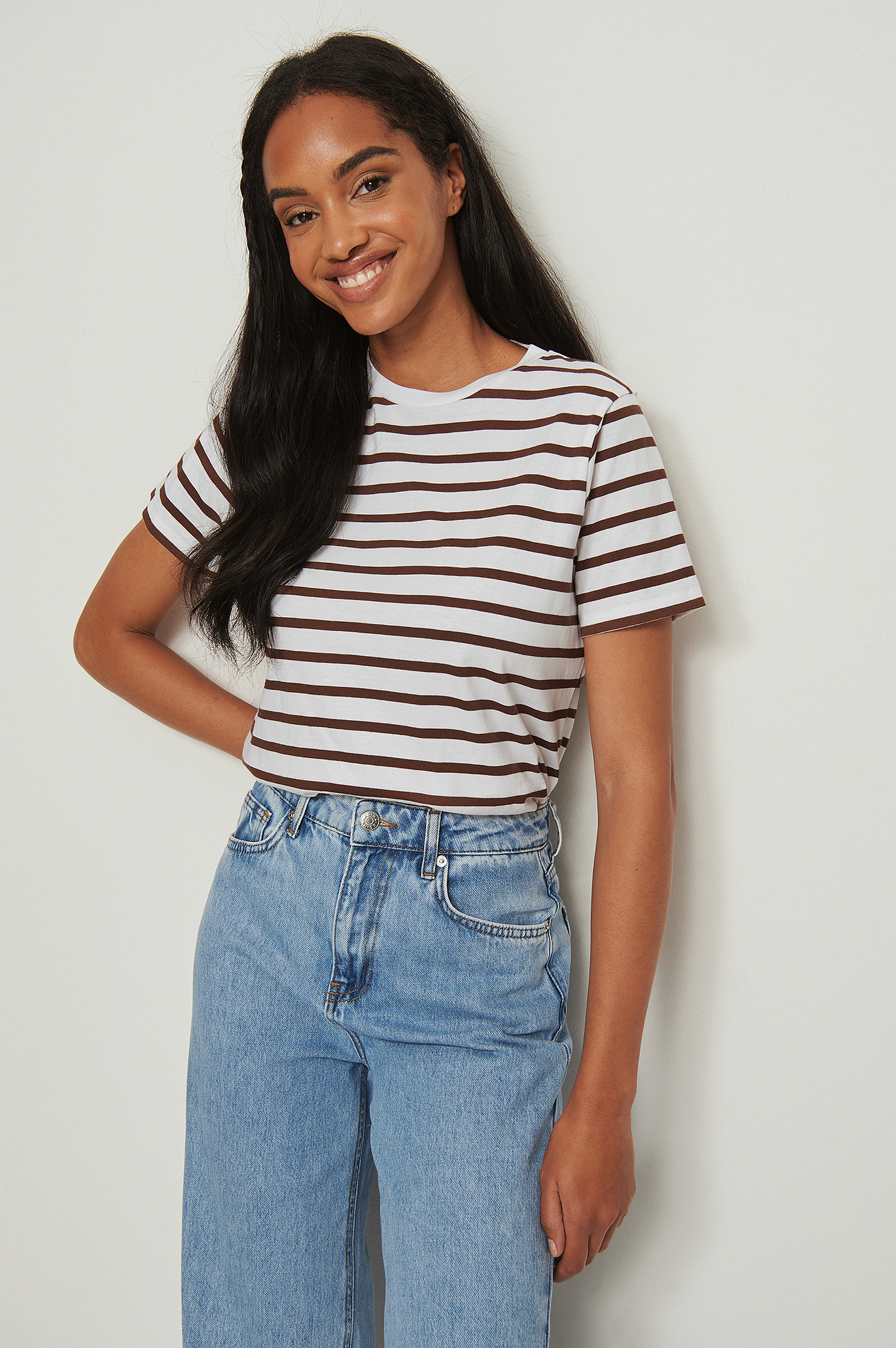 White/Brown Striped Boxy T-Shirt
