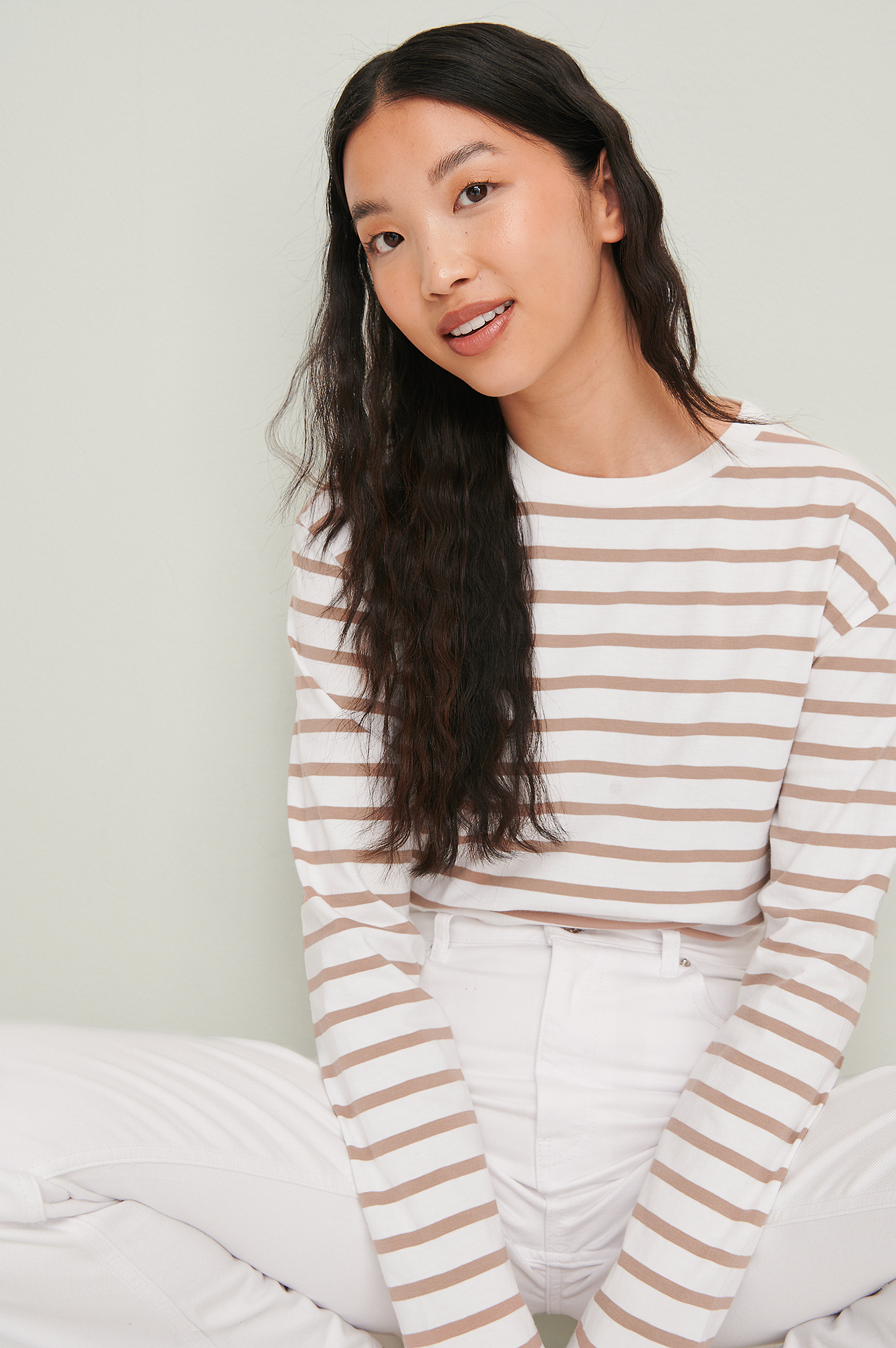 White/Beige Striped Oversized Long Sleeved Top