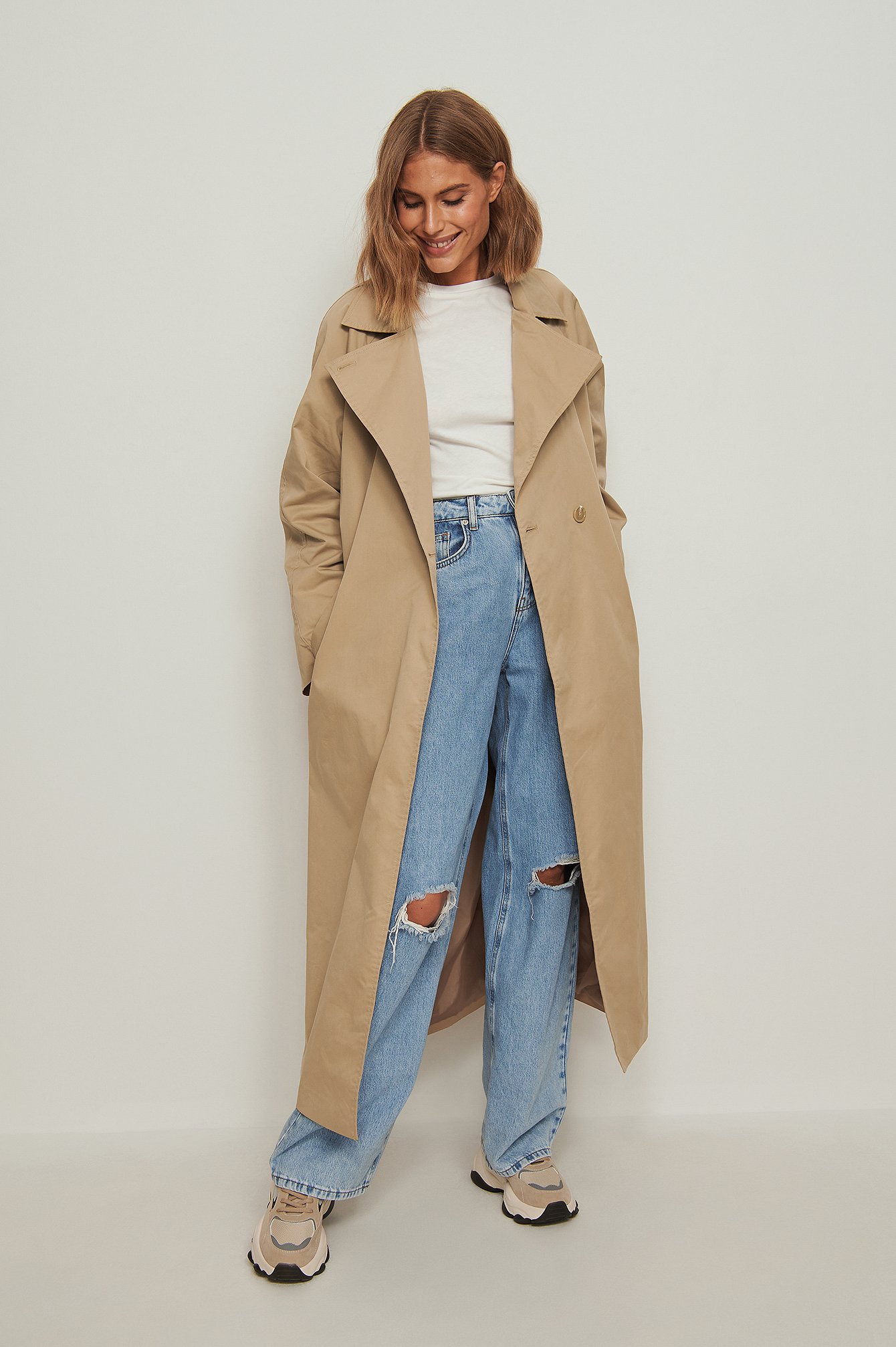 Beige Oversized Belted Trench Coat