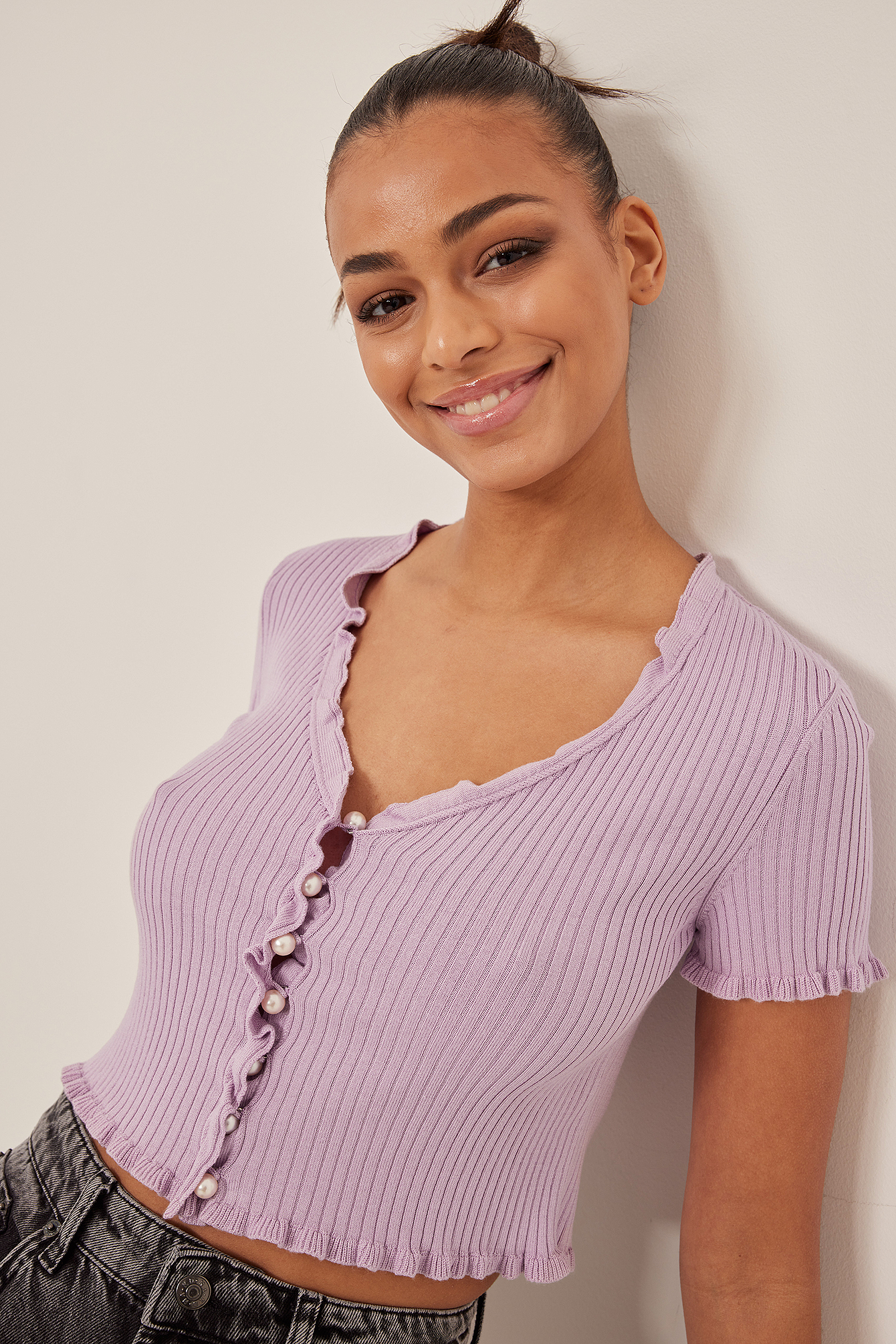 Light Lilac Pearl Detail Knitted Short Sleeve Cardigan
