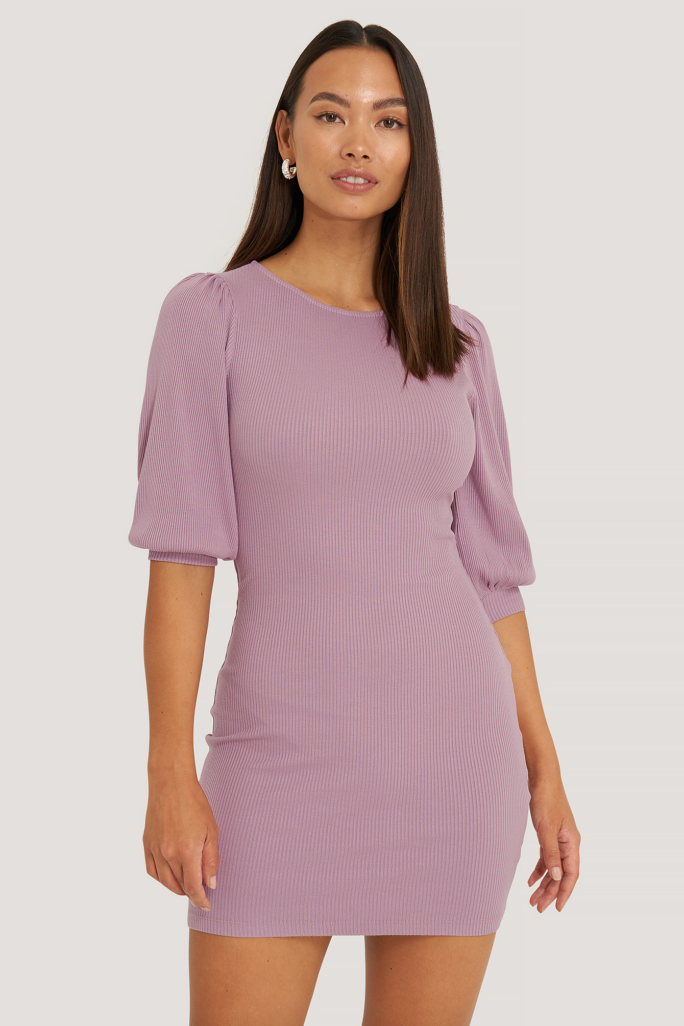 Puff Half Sleeve Ribbed Mini Dress Purple Na 