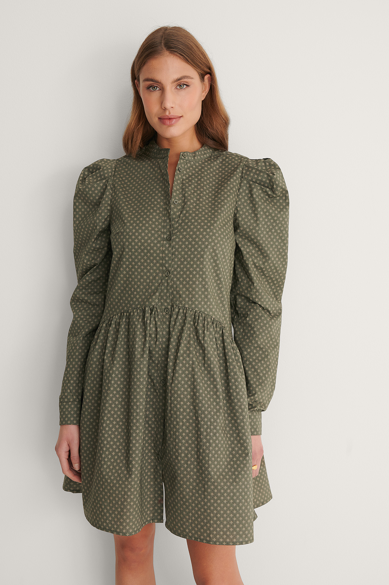 Green Print Puff Shoulder LS Buttoned Dress