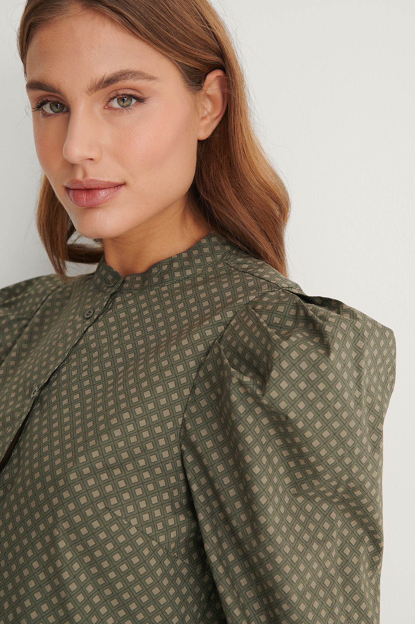 Green Print Puff Shoulder LS Buttoned Dress