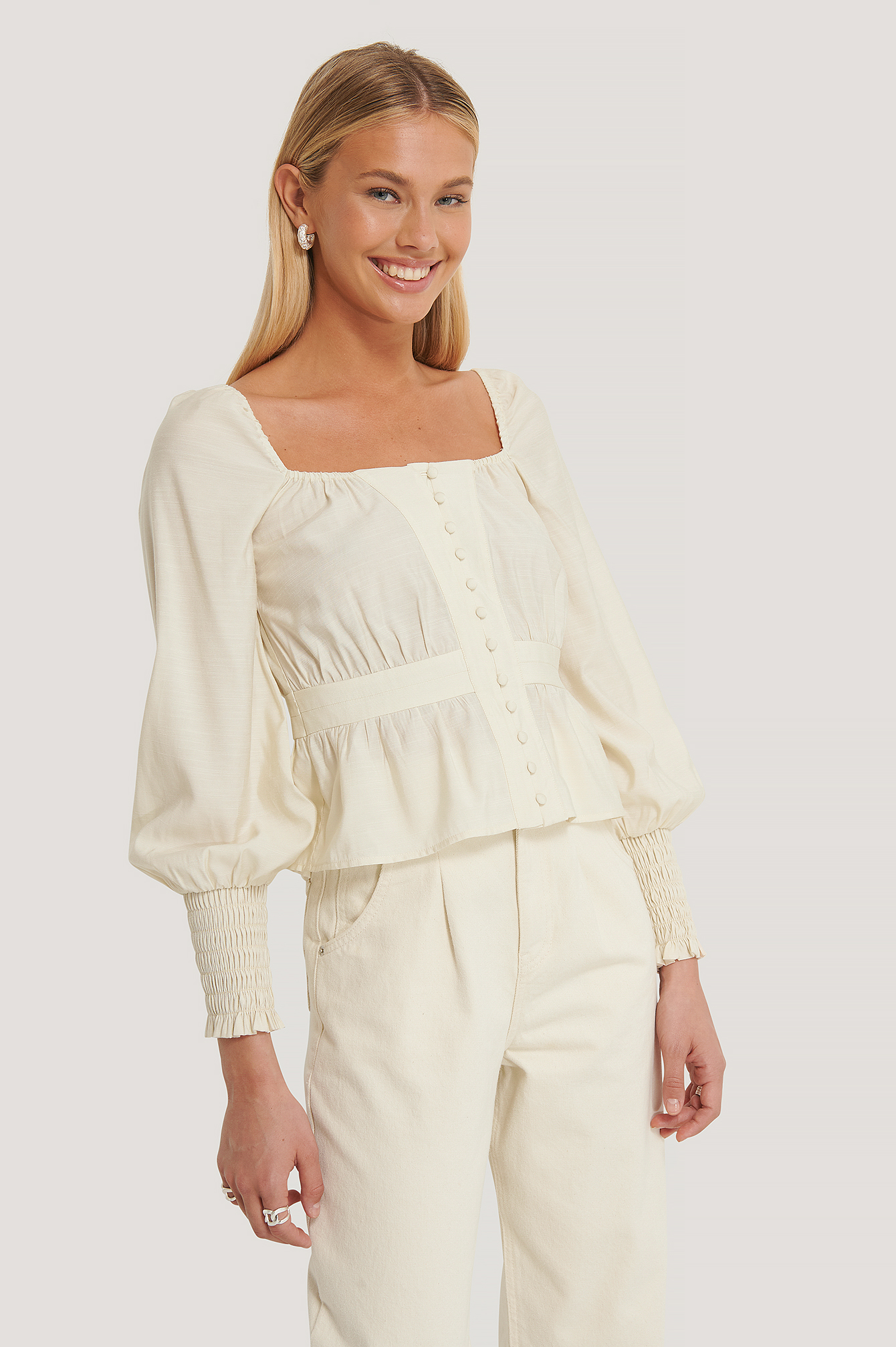 Offwhite Puff Shoulder Smocked Arms Blouse