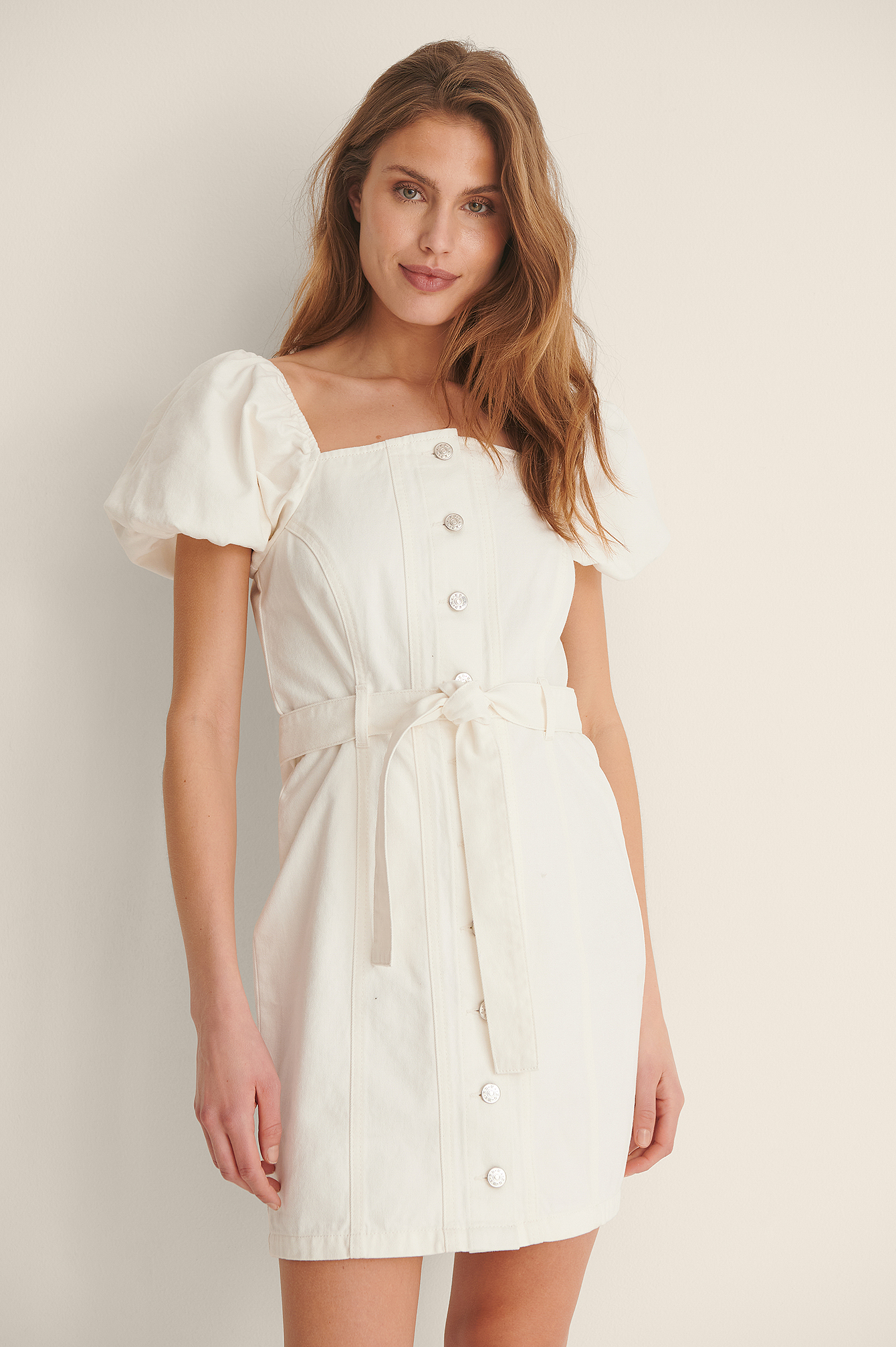 White Puff Sleeve Belted Dress