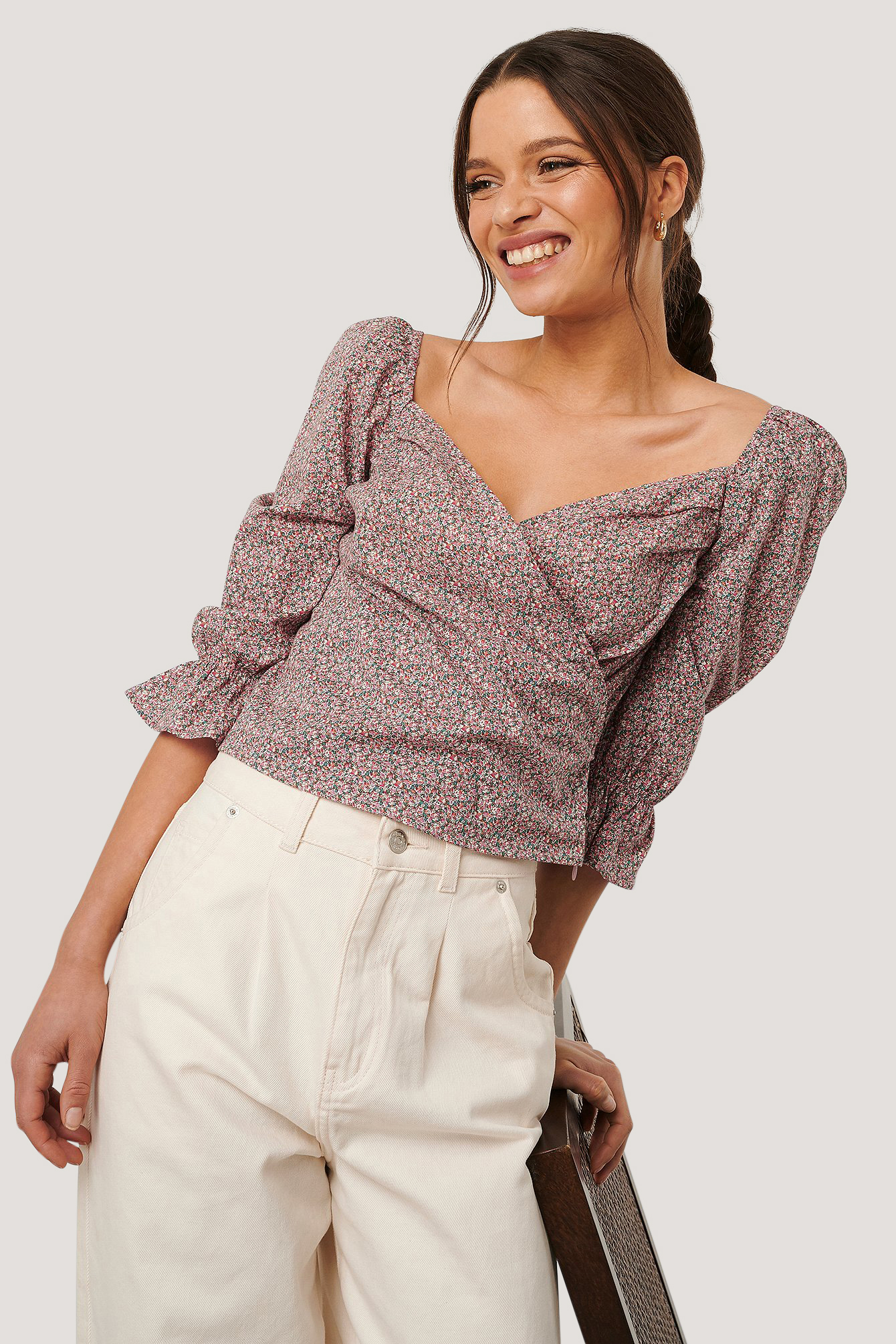 Pink Flower Puff Sleeve Cropped Blouse