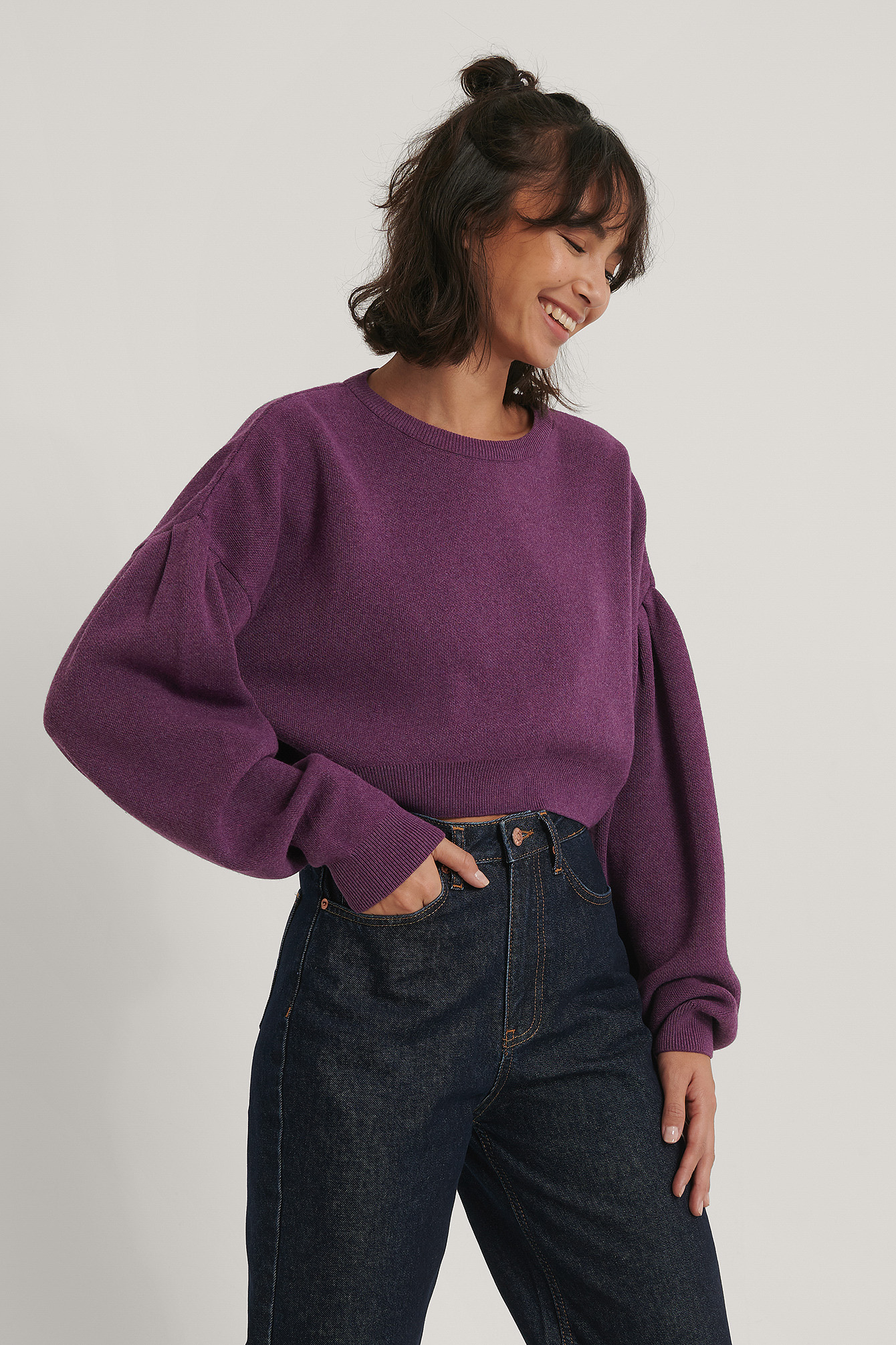 Plum Puff Sleeve Cropped Knitted Sweater