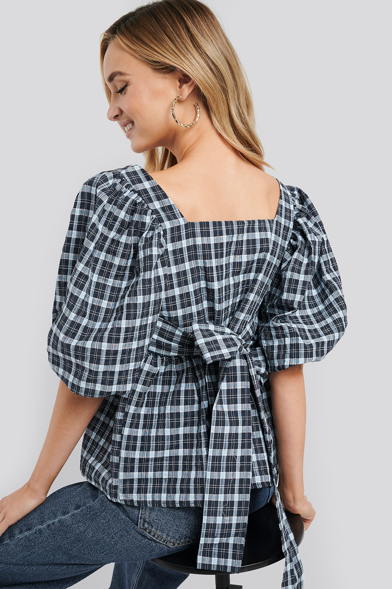 Blue Check Puff Sleeve Smock Blouse