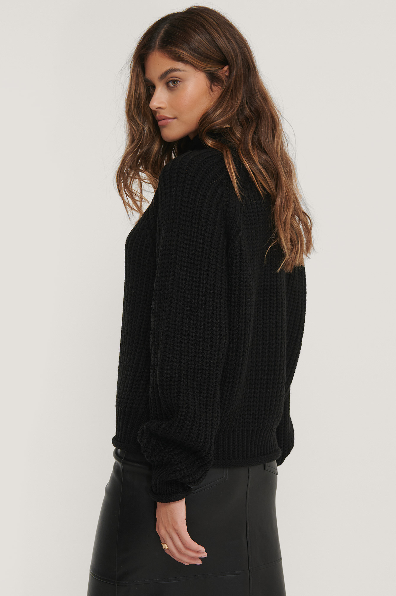 Black Raglan Sleeve High Neck Knitted Sweater