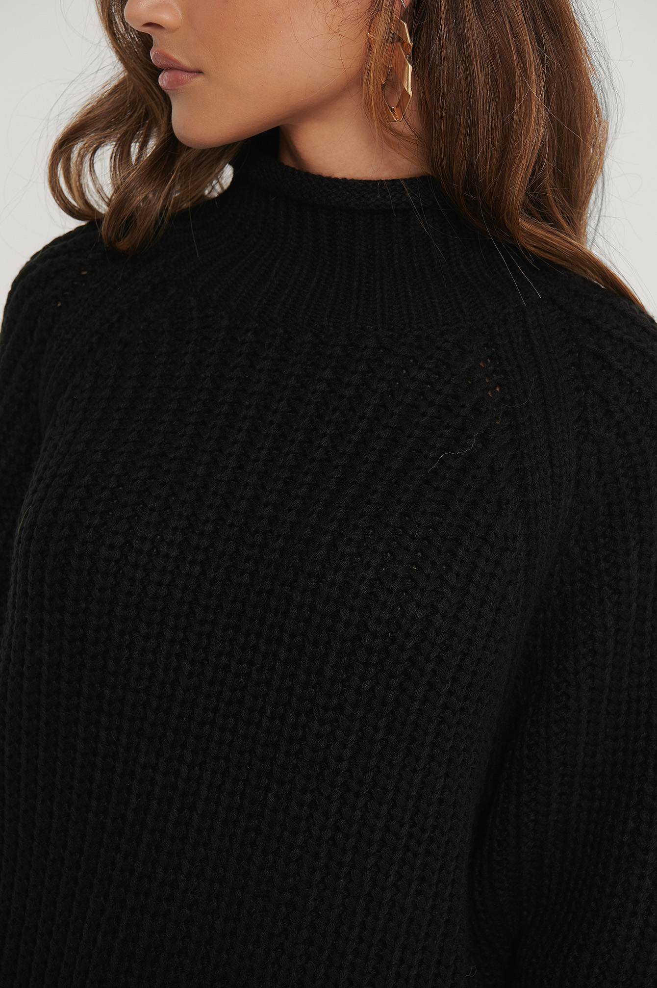 Black Raglan Sleeve High Neck Knitted Sweater