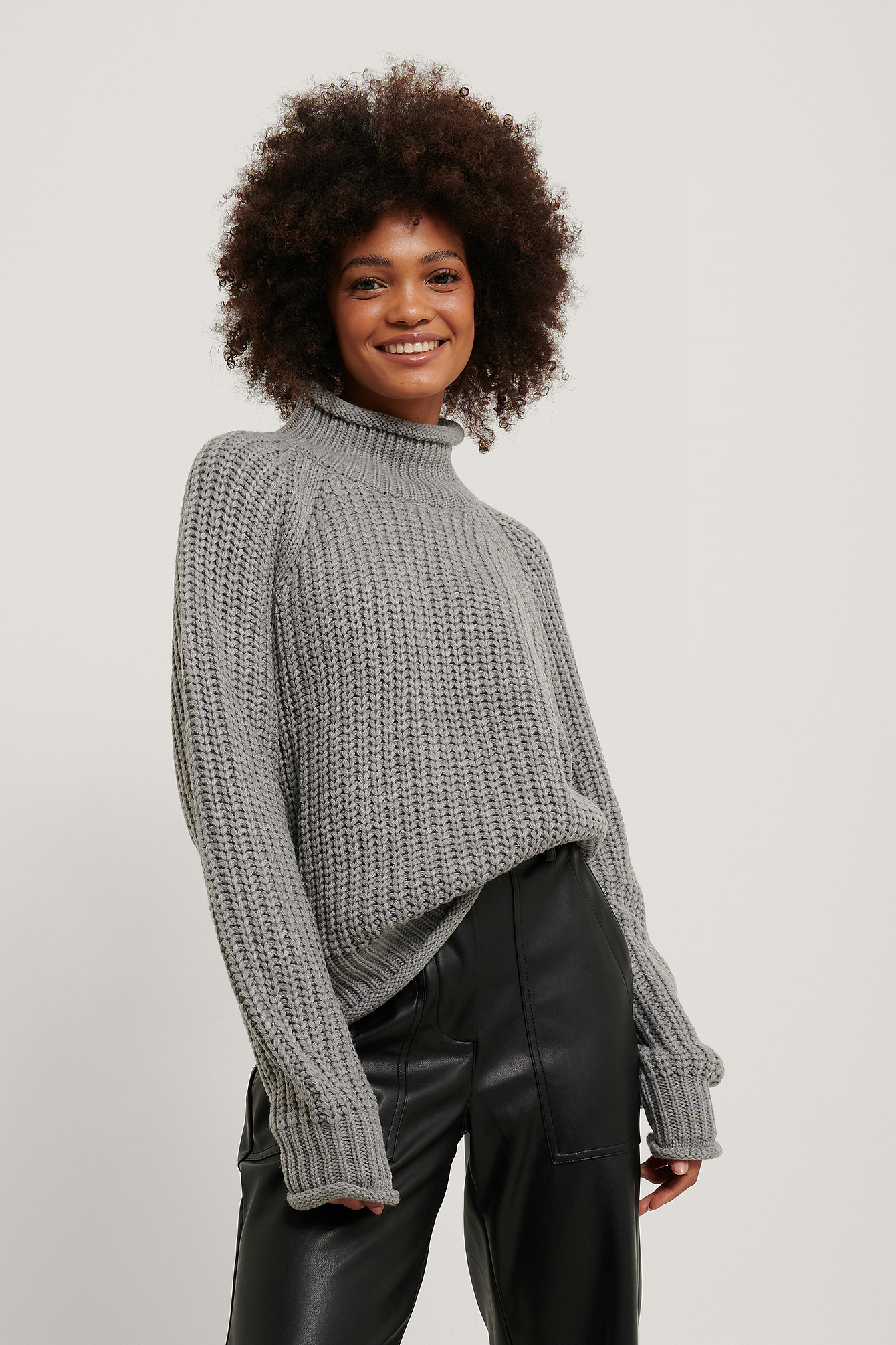 Grey Raglan Sleeve High Neck Knitted Sweater