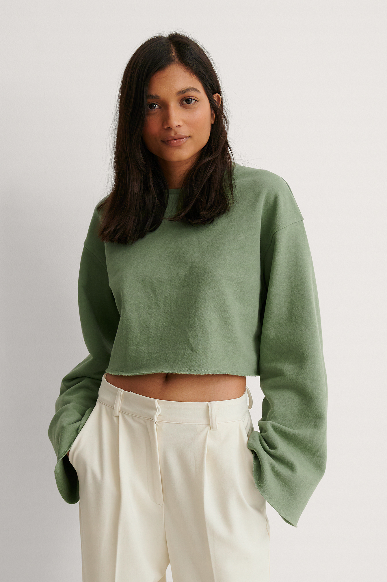 Green Organic Raw Edge Wide Sleeve Sweatshirt