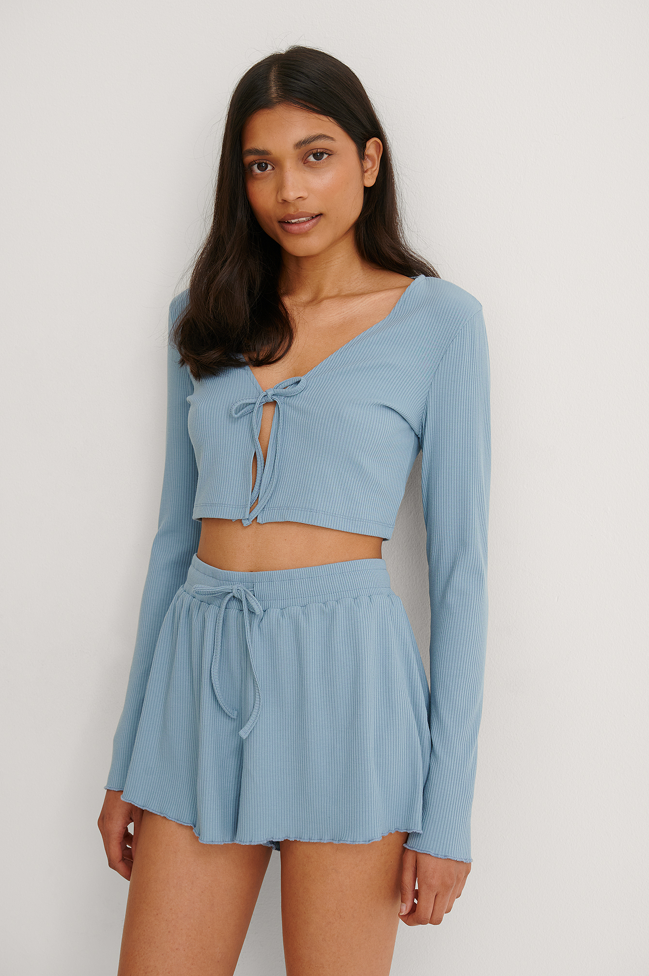 Blue Front Tie Ribbed Loungewear Top