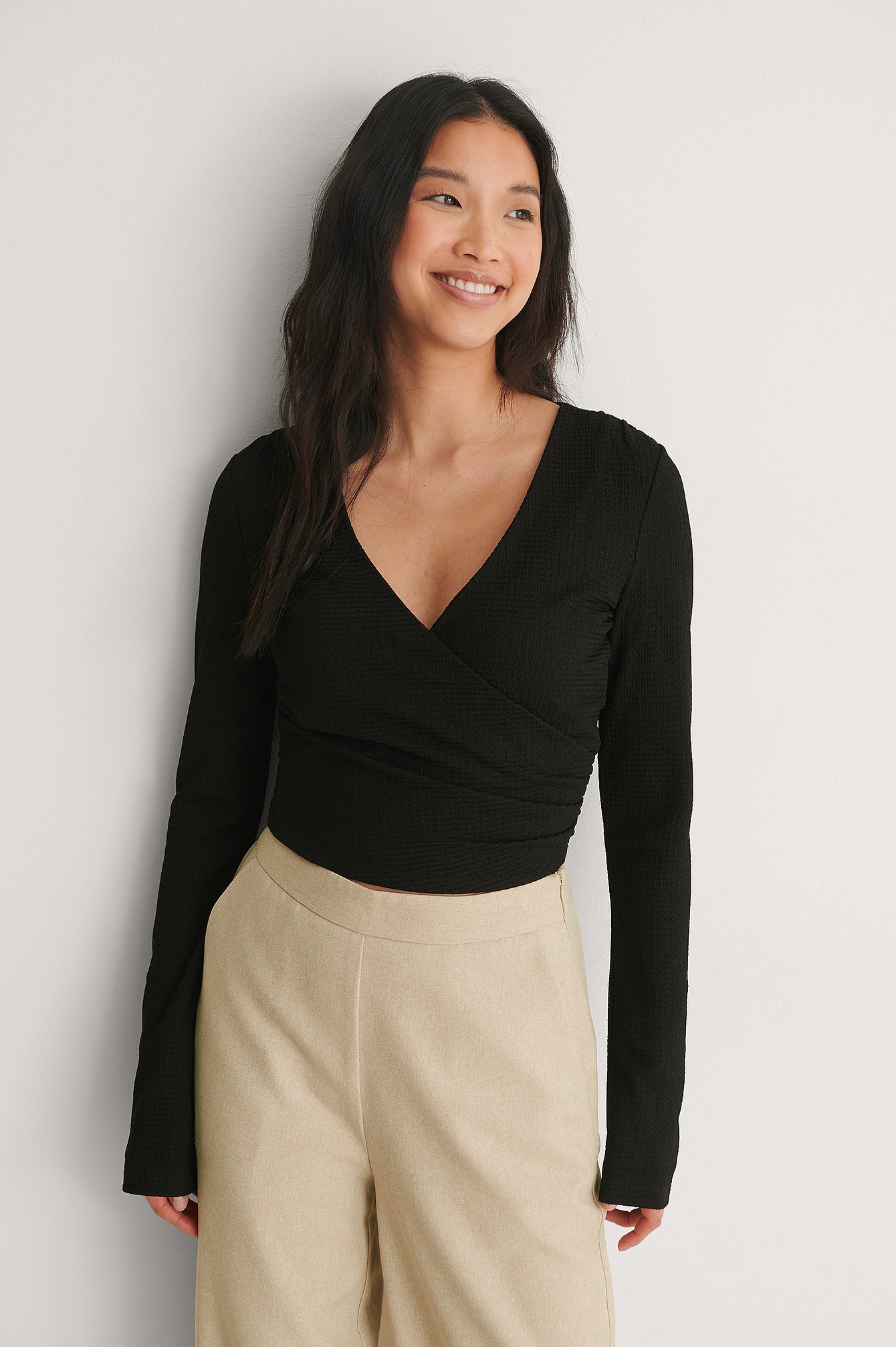 Black Recycled Crepe Wrap Top