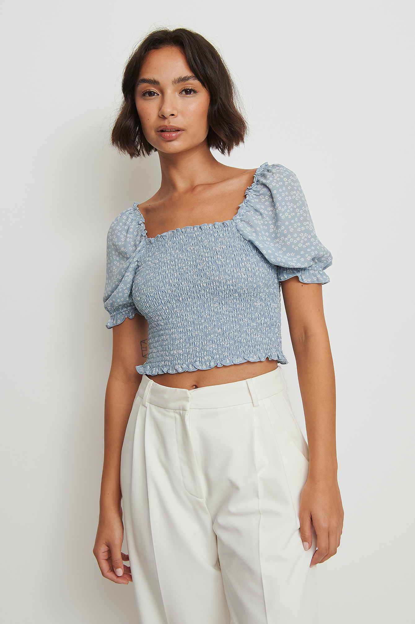 Light Blue White Floral Recycled Cropped Smocked Top