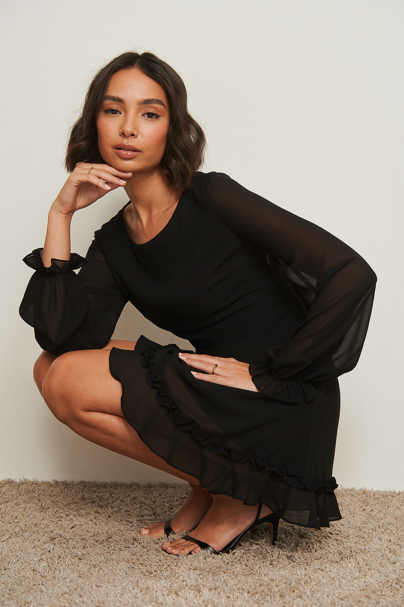 Black Recycled Frill Detail Long Sleeve Dress