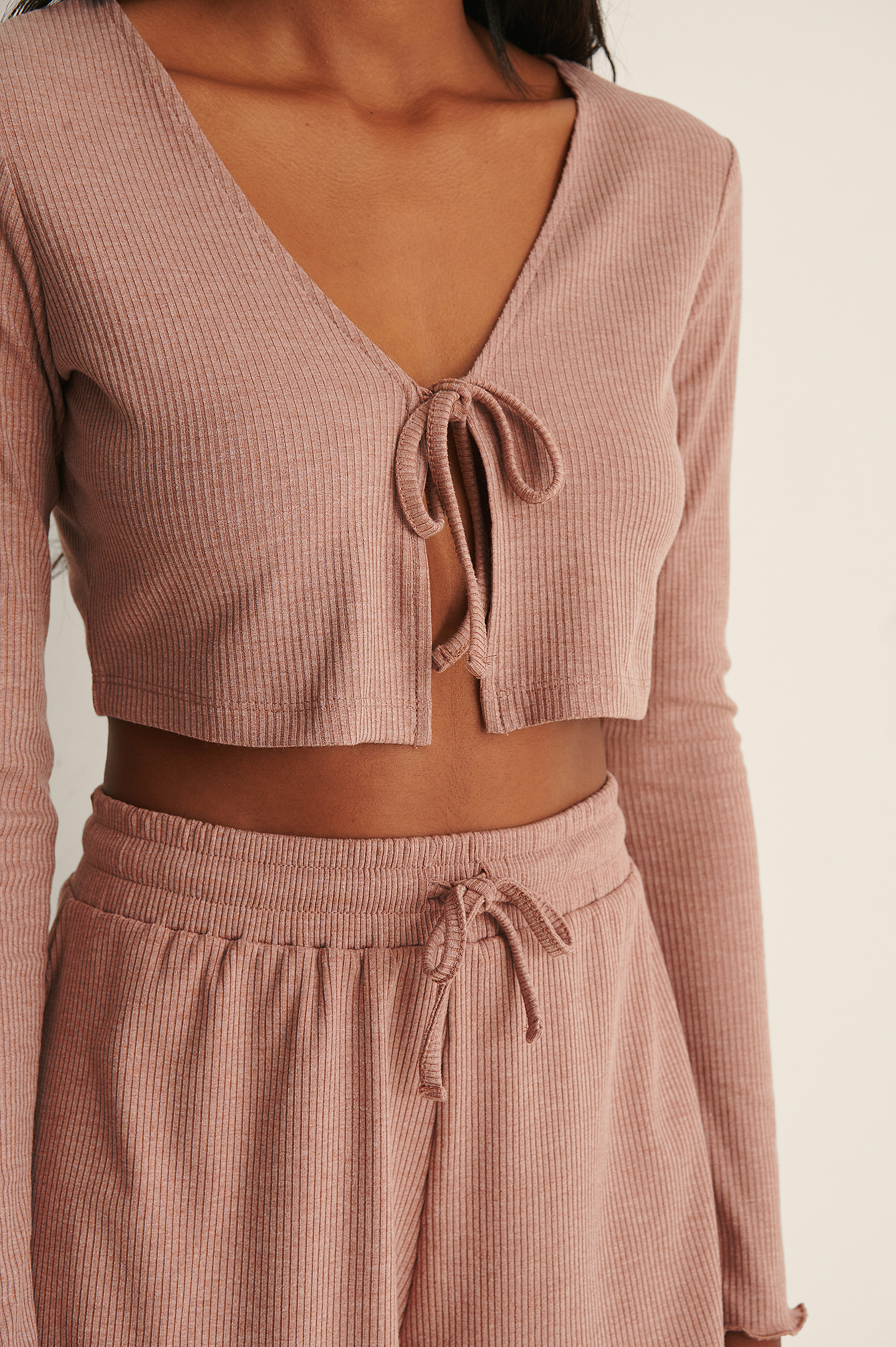 Terracotta Front Tie Ribbed Loungewear Top