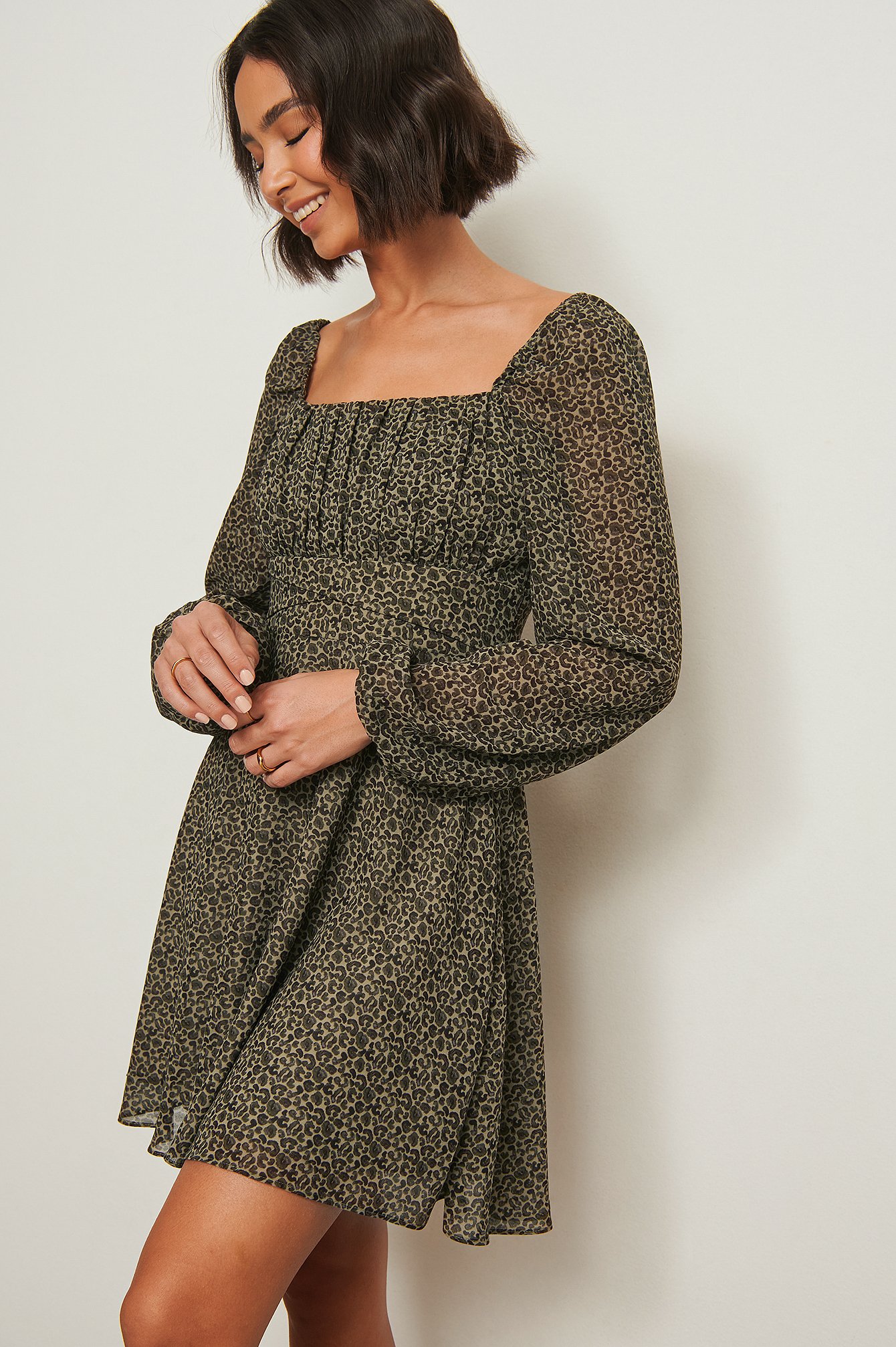 Green Leo Print Recycled Long Sleeve Ruched Detail Dress