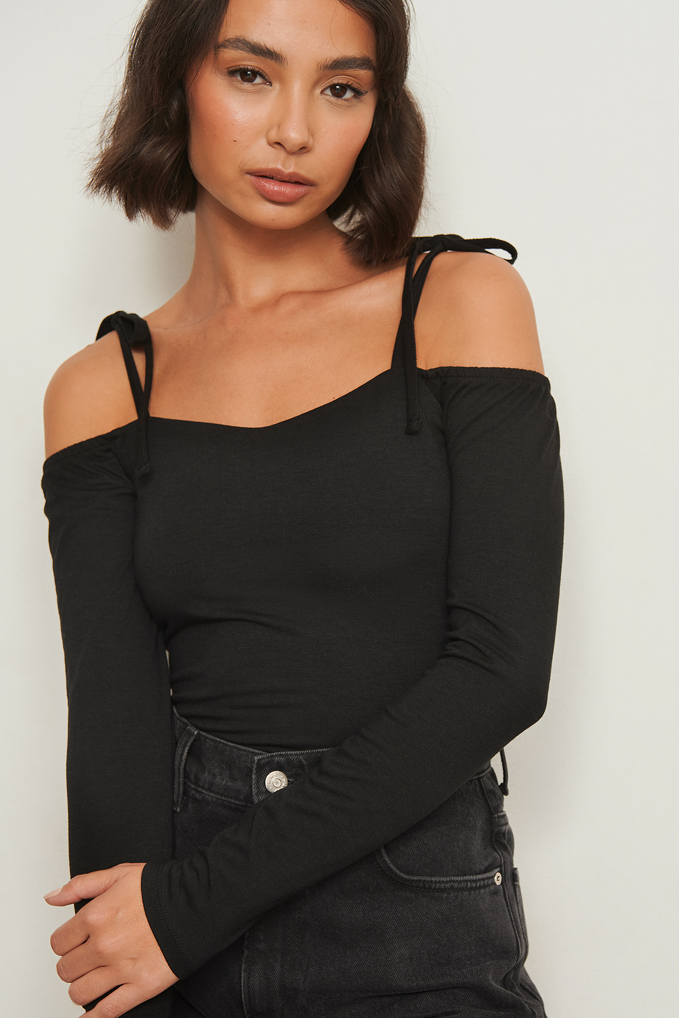 Black Recycled Off Shoulder Bow Detail Top