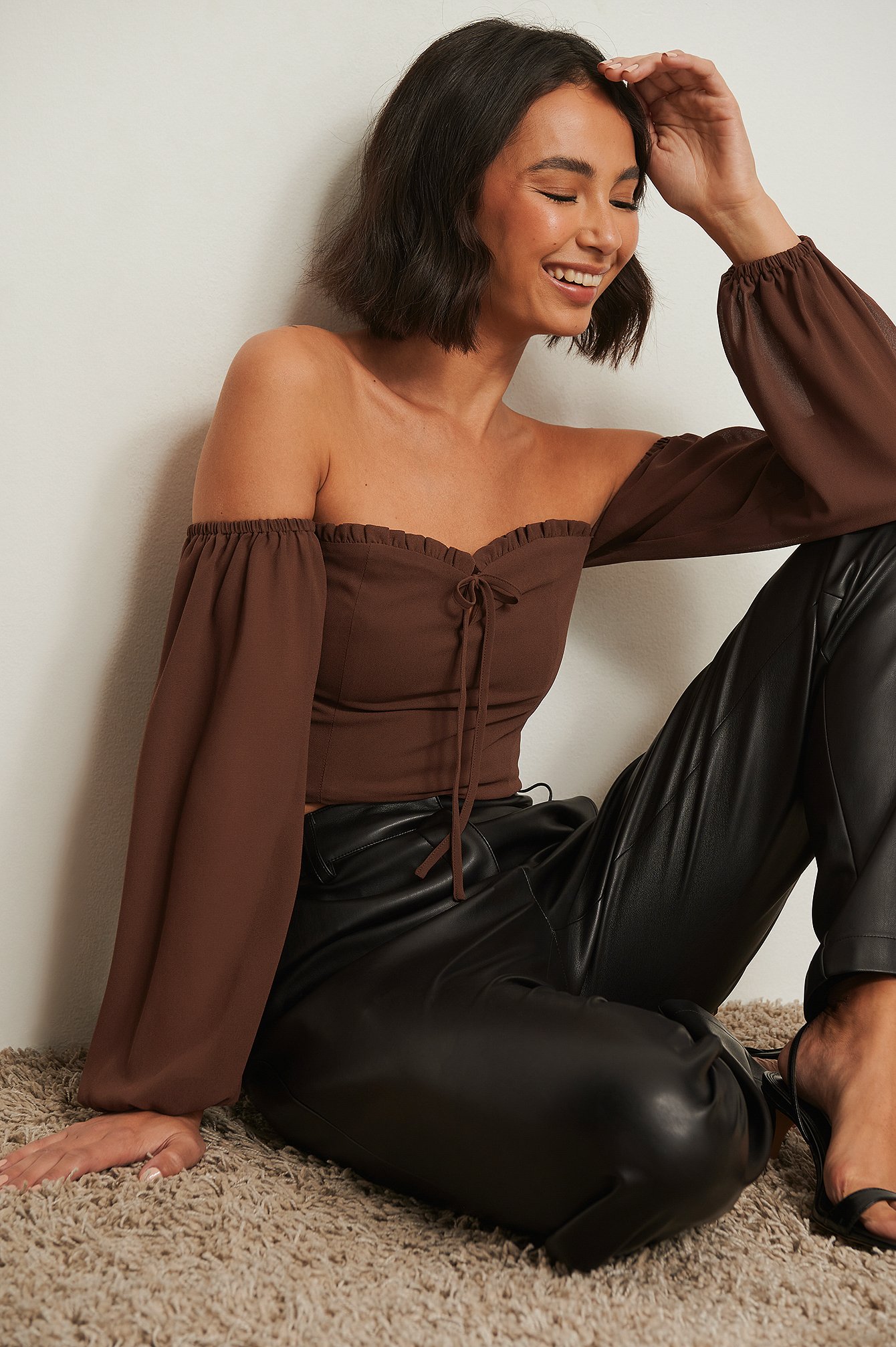 Brown Recycled Off Shoulder Tie Detail Blouse
