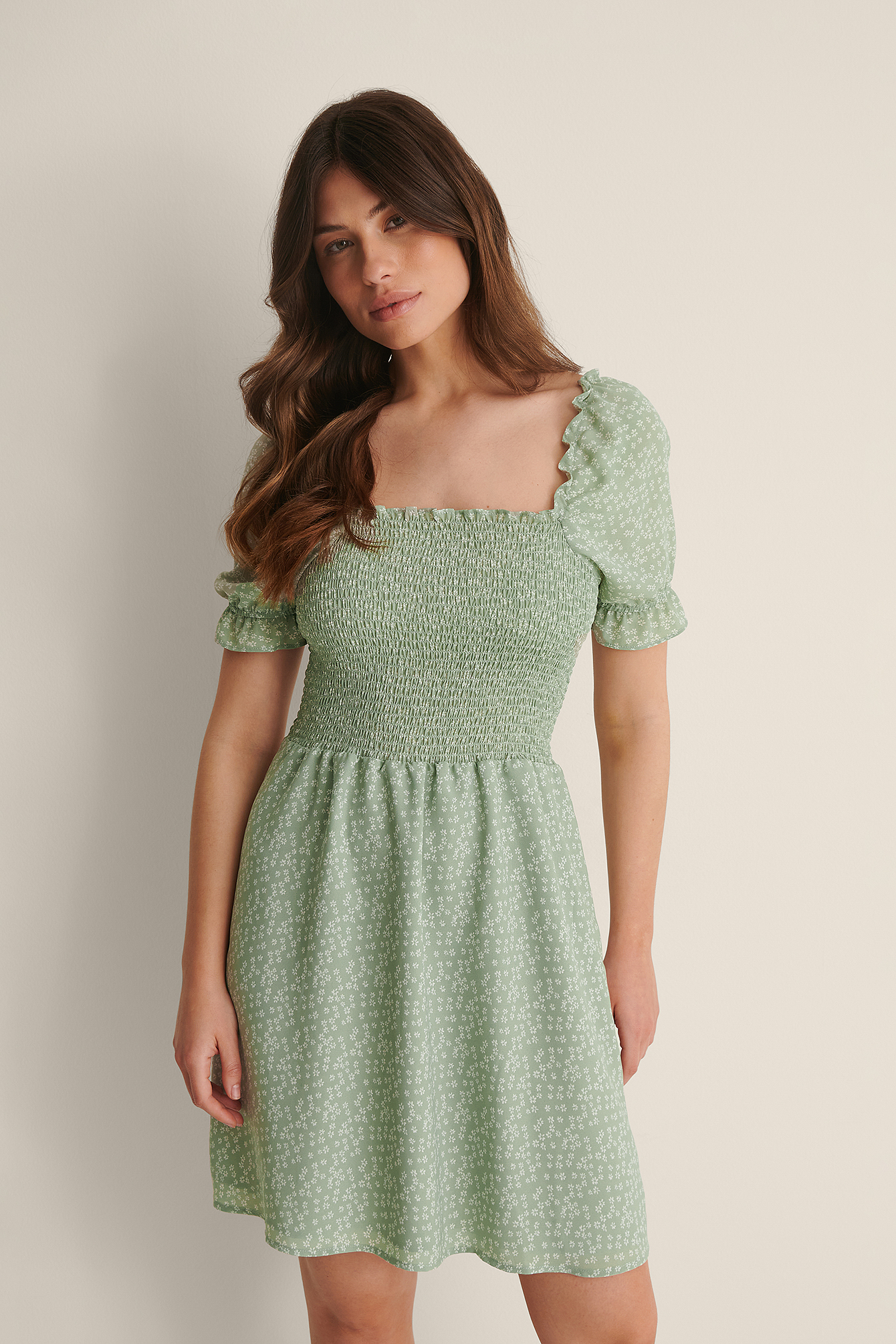 Dusty Green White Floral Printed Smock Dress