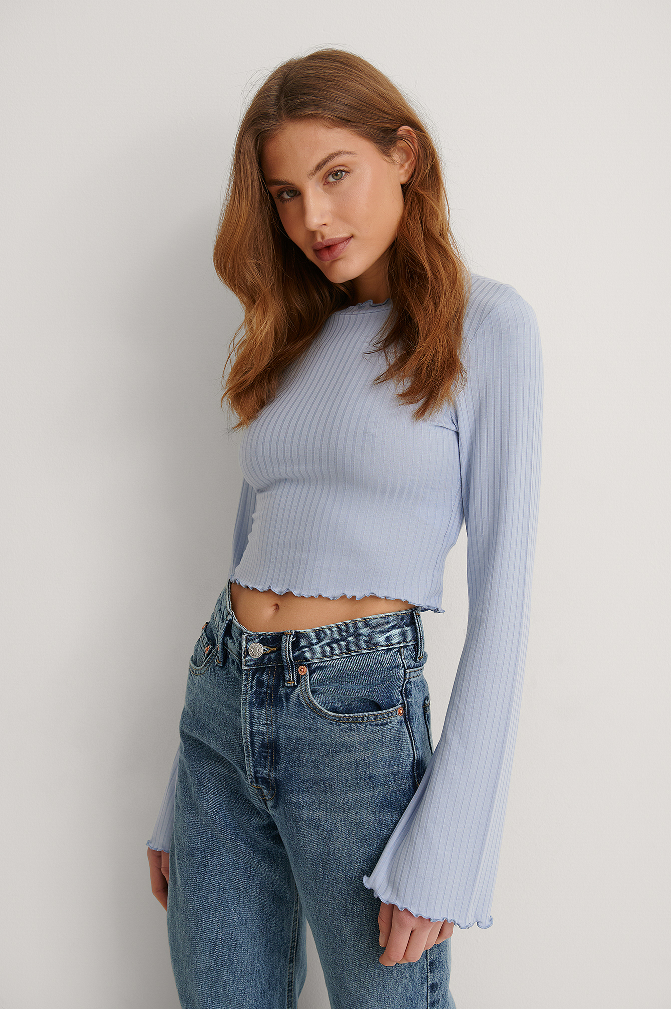 Light Blue Ribbed Trumpet Sleeve Top