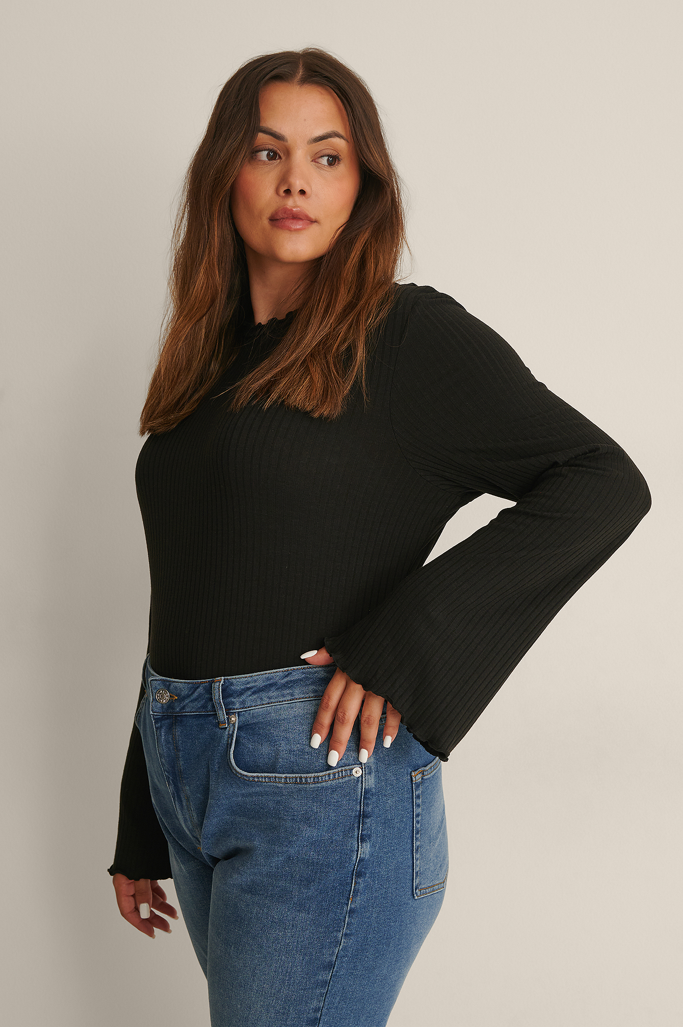 Black Recycled Ribbed Trumpet Sleeve Top