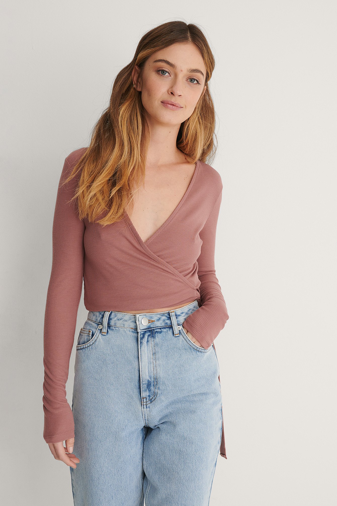 Dusty Dark Pink Ribbed Wrap Top