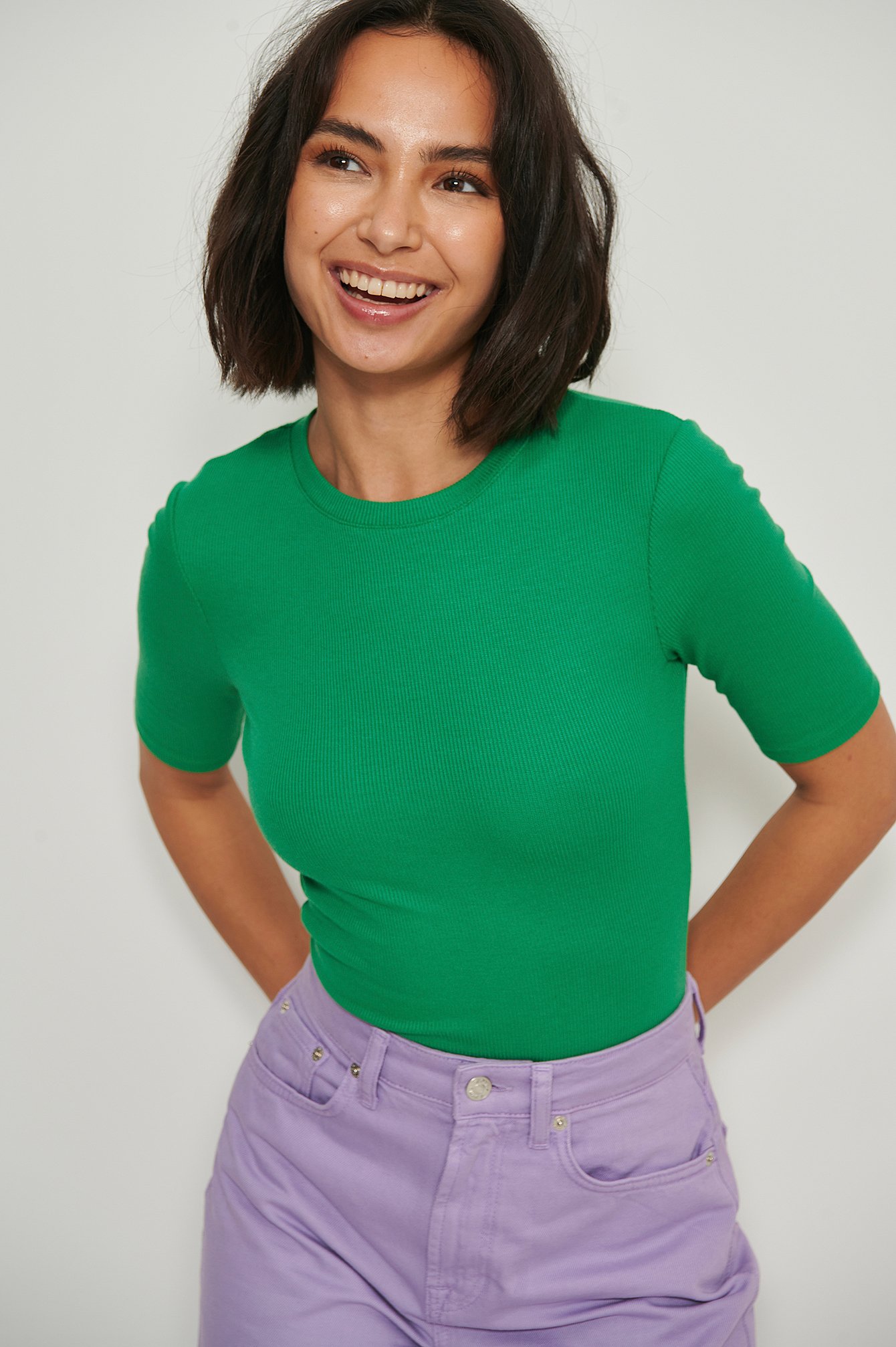 Green Round Neck Ribbed Top