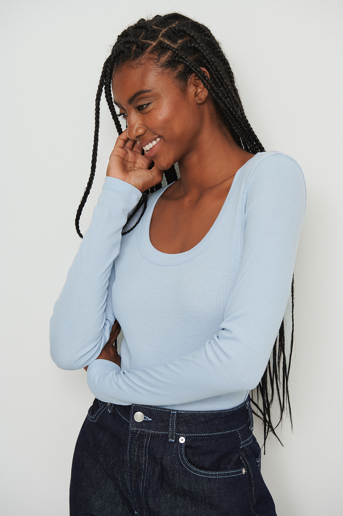 Dusty Blue Scoop Neck Ribbed Top