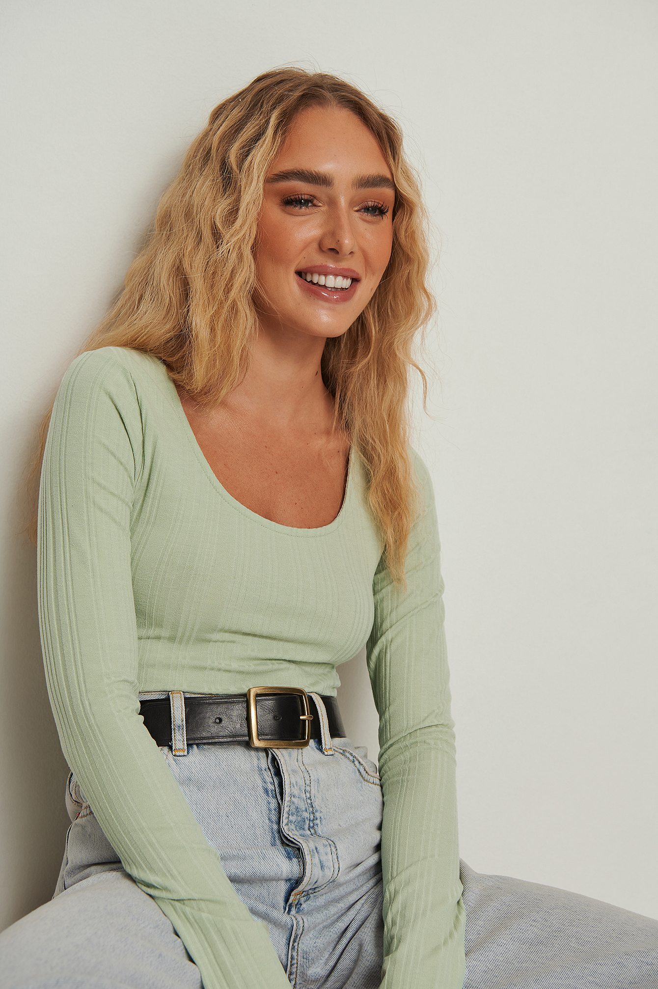 Light Green Recycled Scoop Neck Rib Babylock Top
