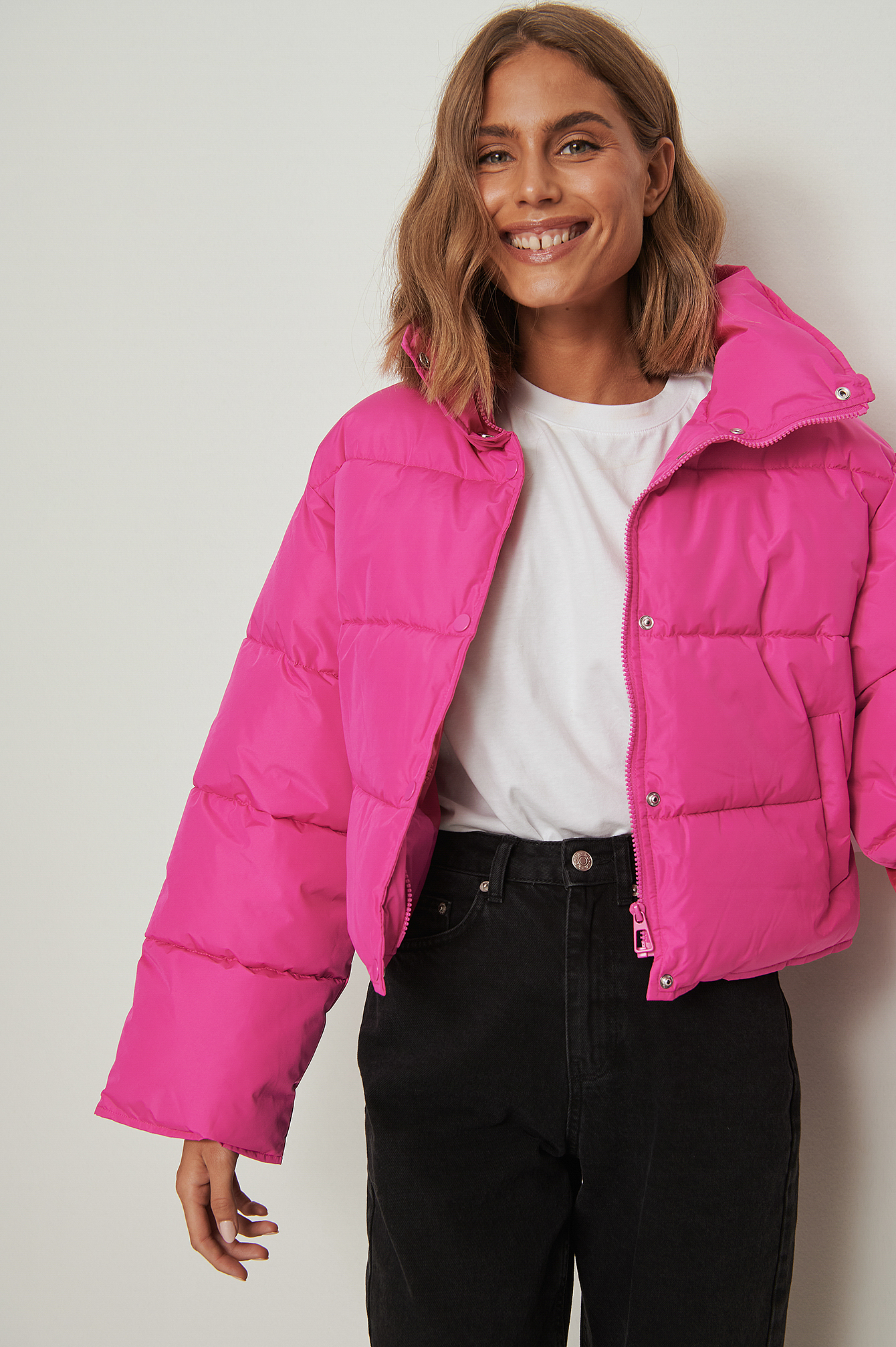 Fuchsia Recycled Short Padded Press Button Jacket
