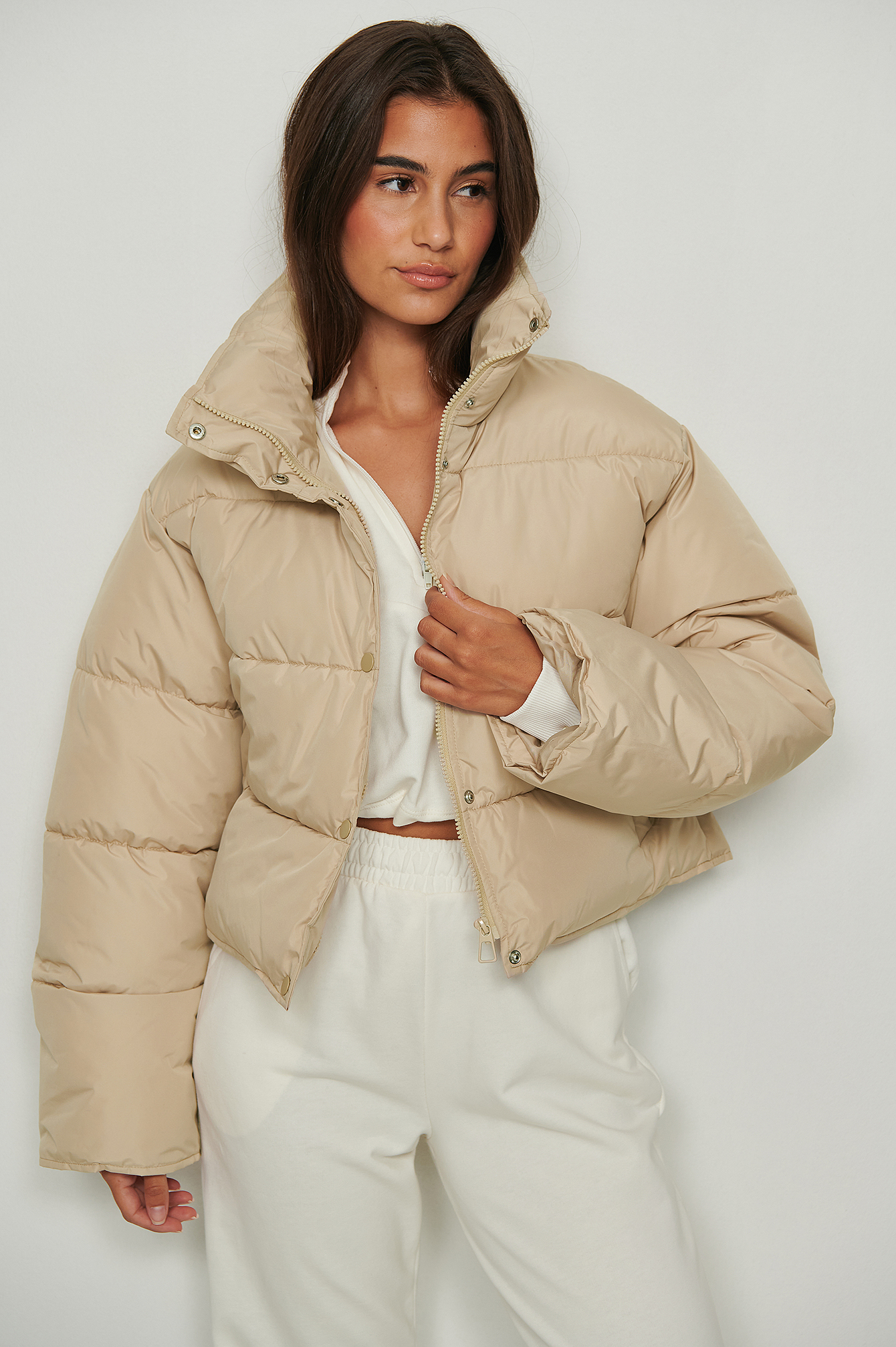 Beige Recycled Short Padded Press Button Jacket