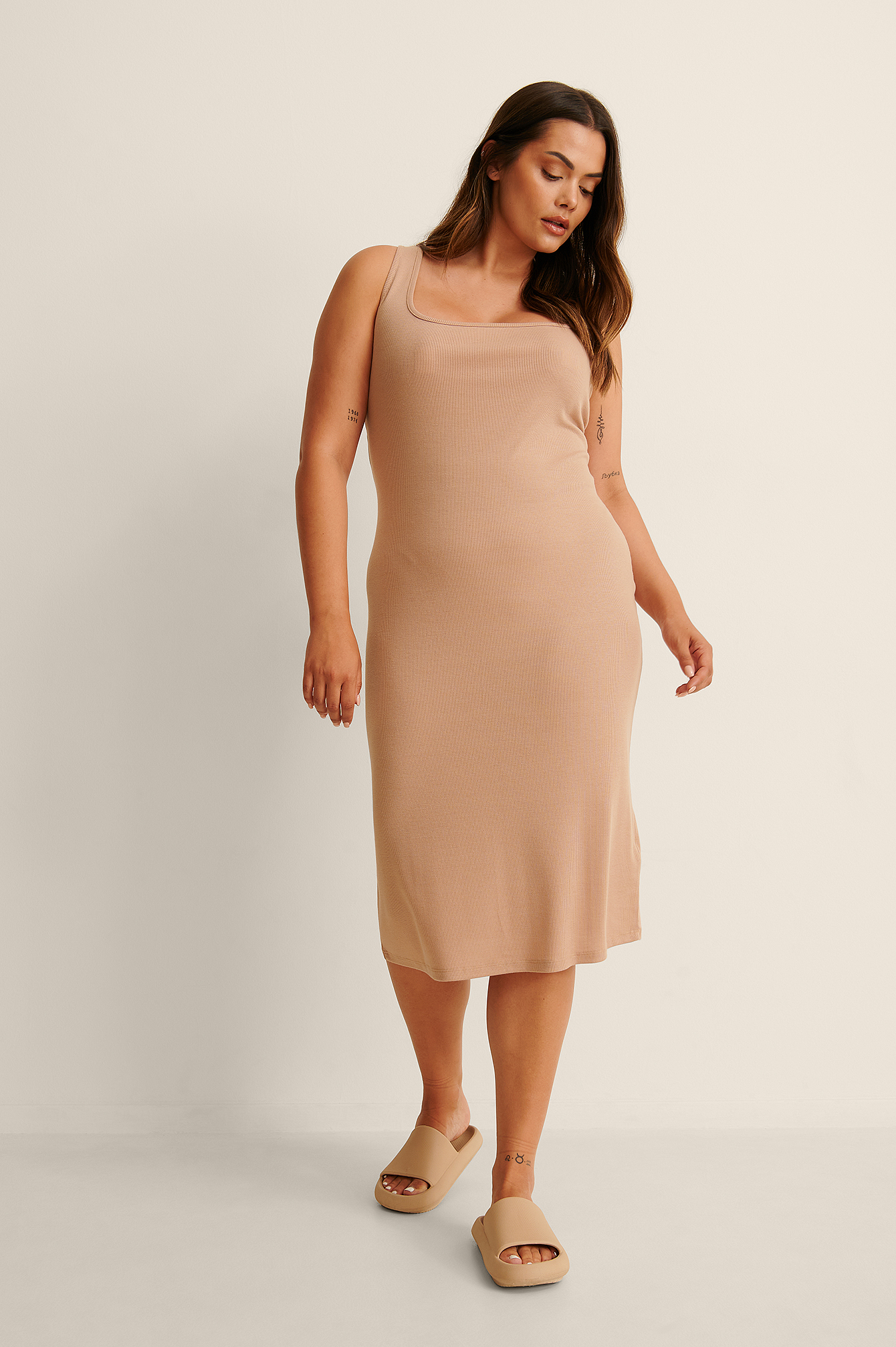 Dusty Light Beige Recycled Soft Ribbed Maxi Dress