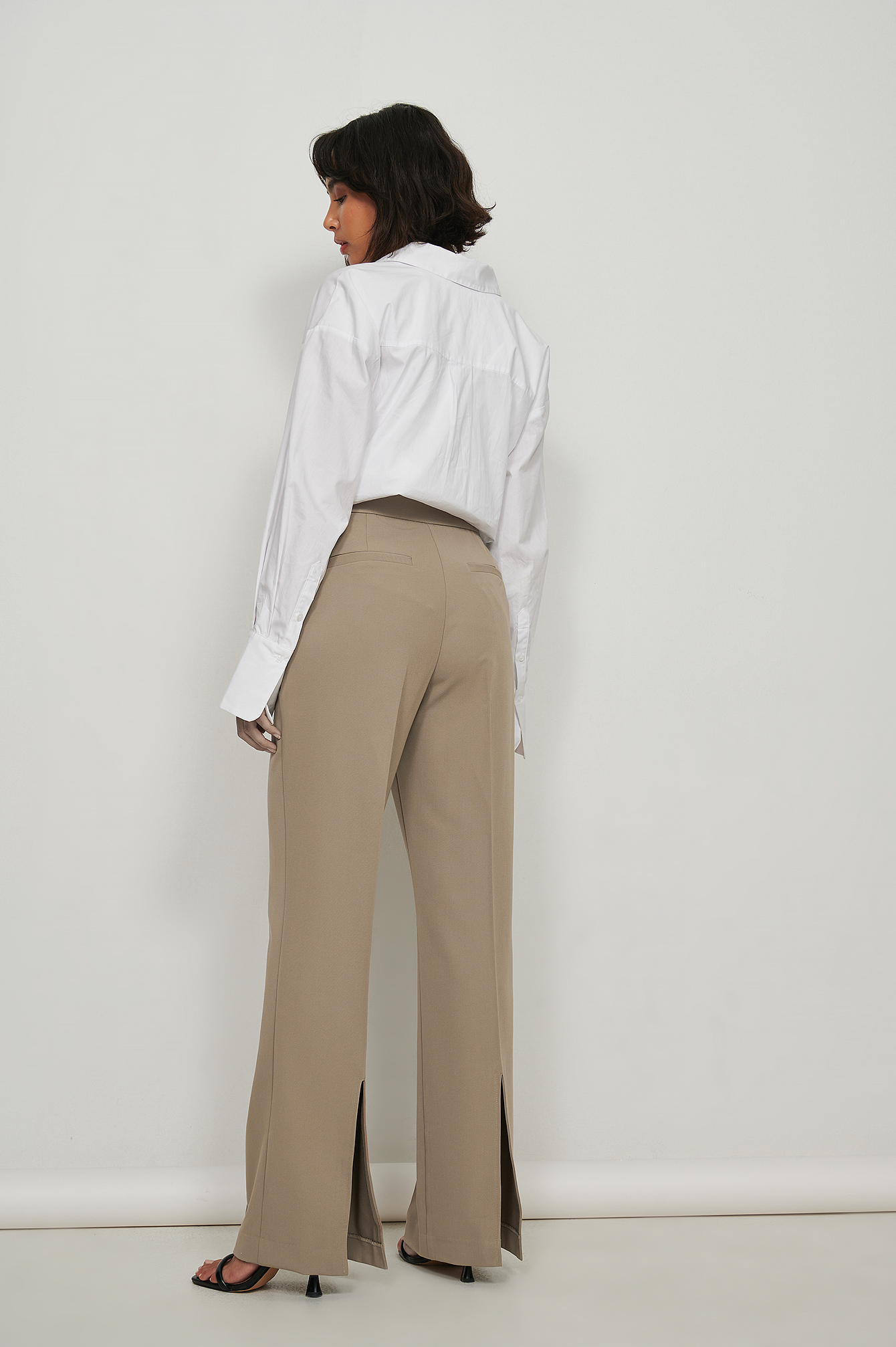 Taupe Recycled Wide Leg Back Slit Suit Pants