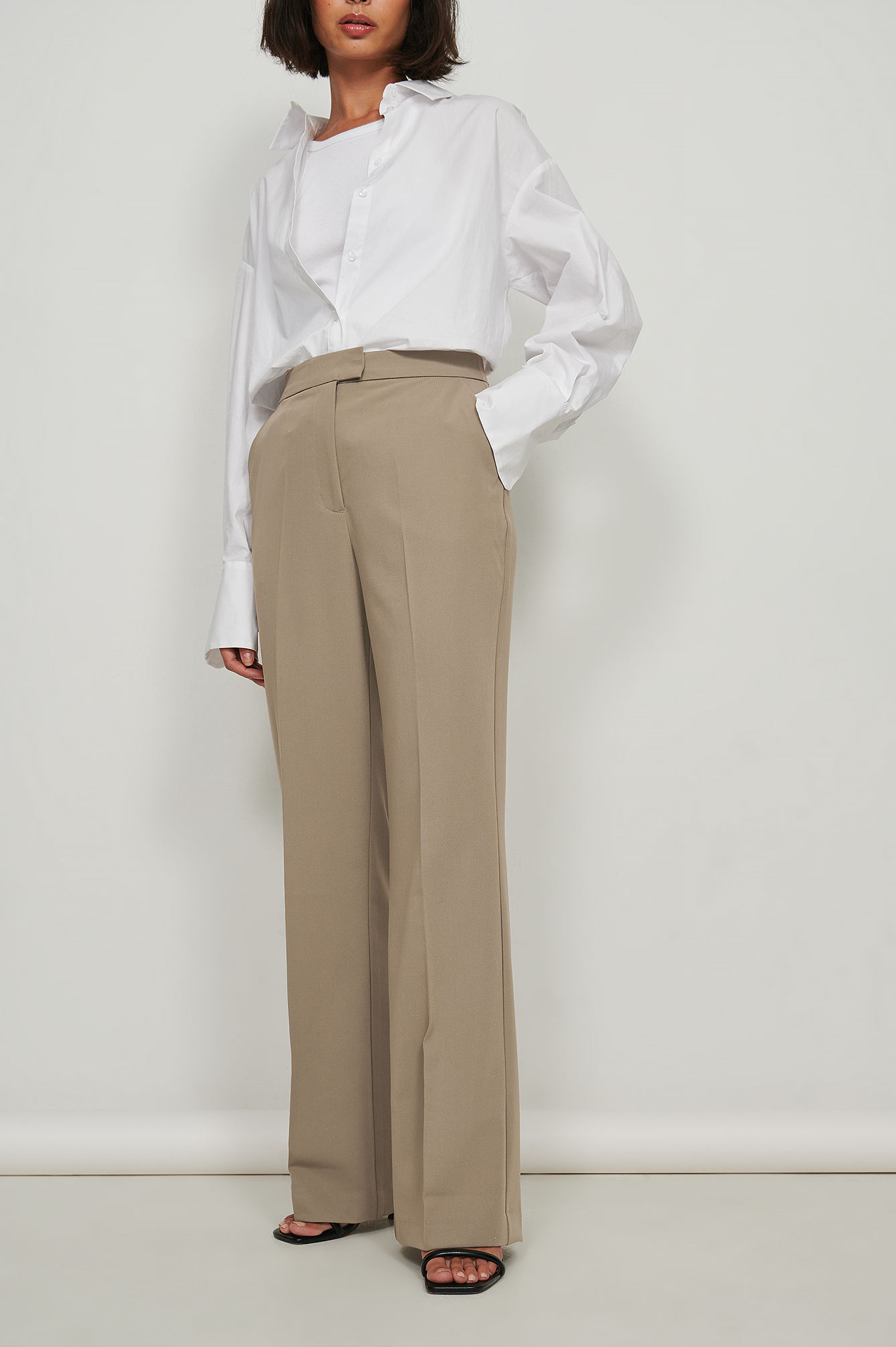 Taupe Recycled Wide Leg Back Slit Suit Pants