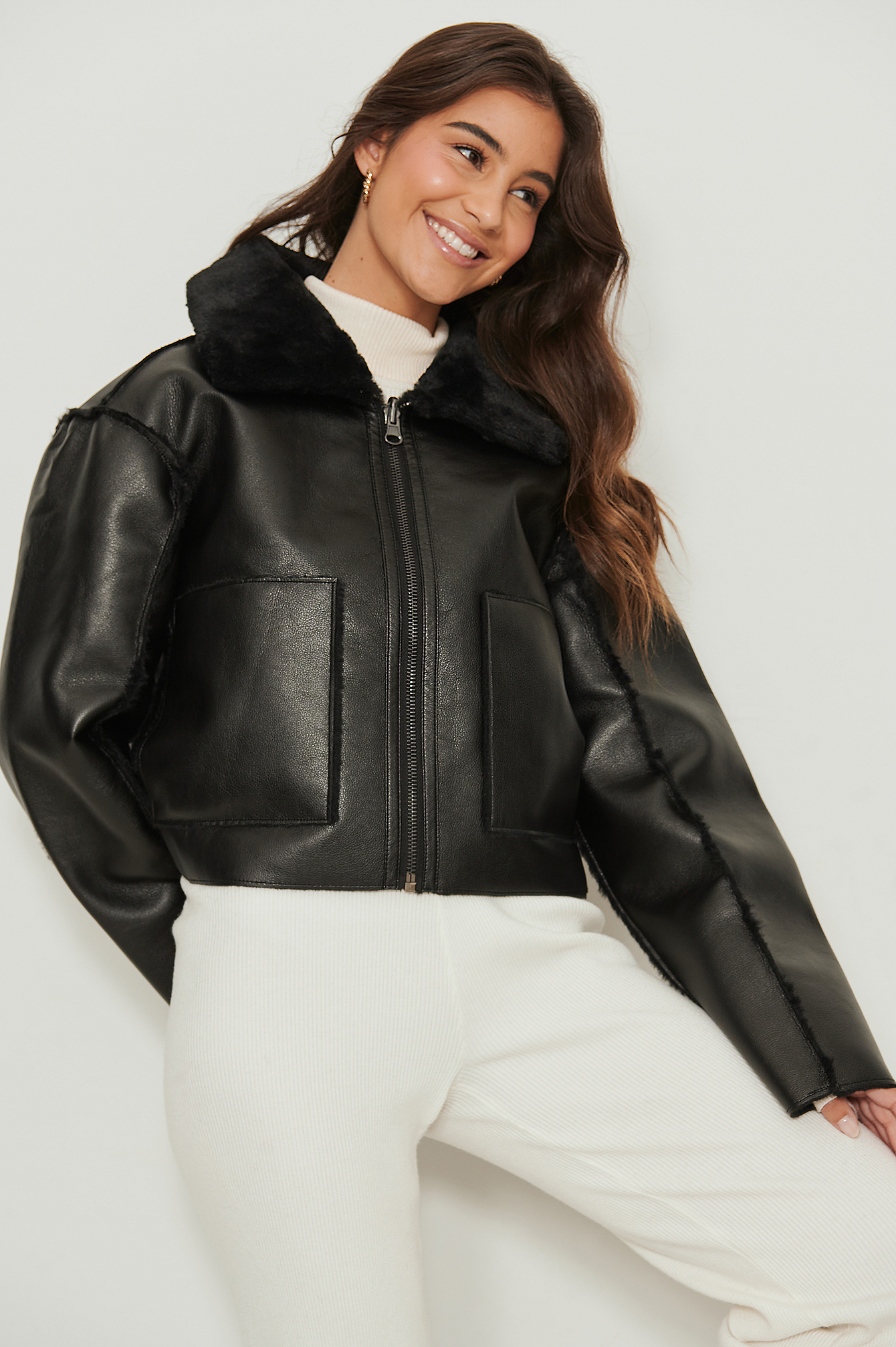 Black Reversible PU Faux Fur Jacket