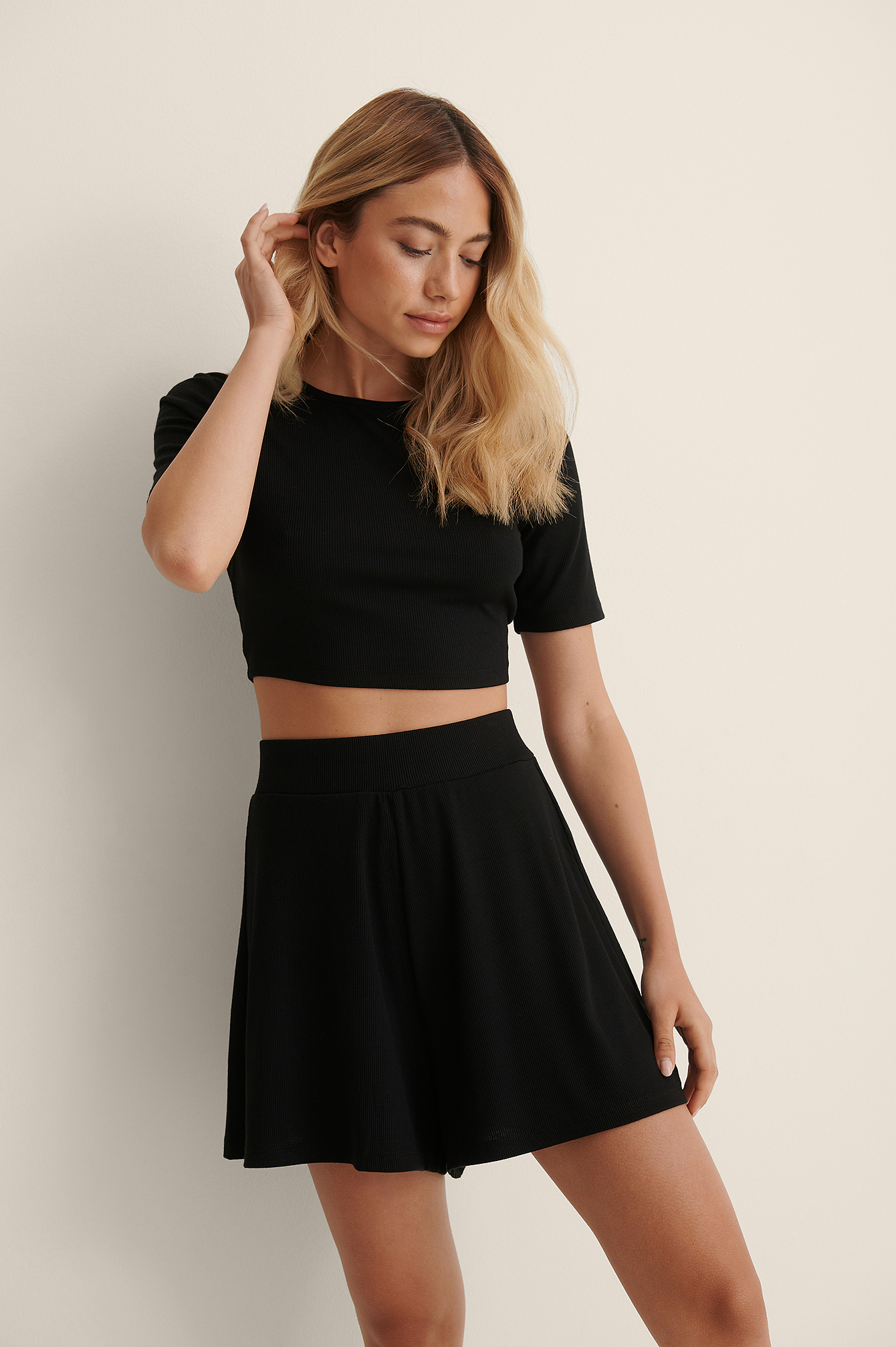 Black Recycled  Ribbed Wide Shorts