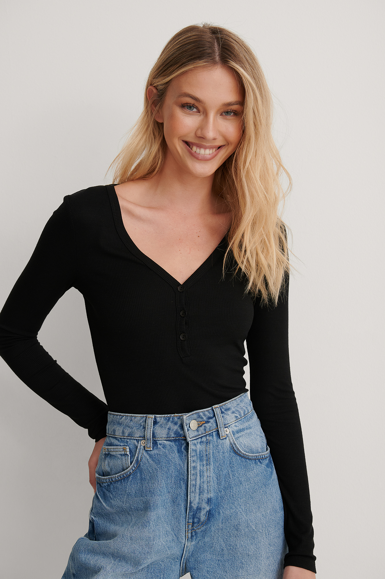 Black Recycled Rib Button Detail Top