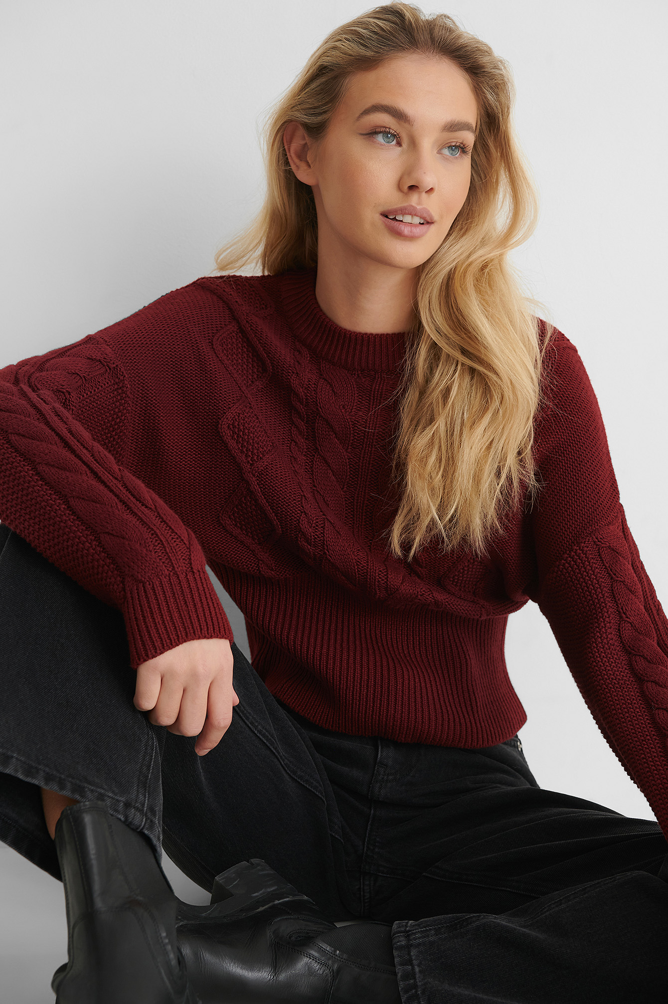 Burgundy Rib Detail Cable Knitted Sweater
